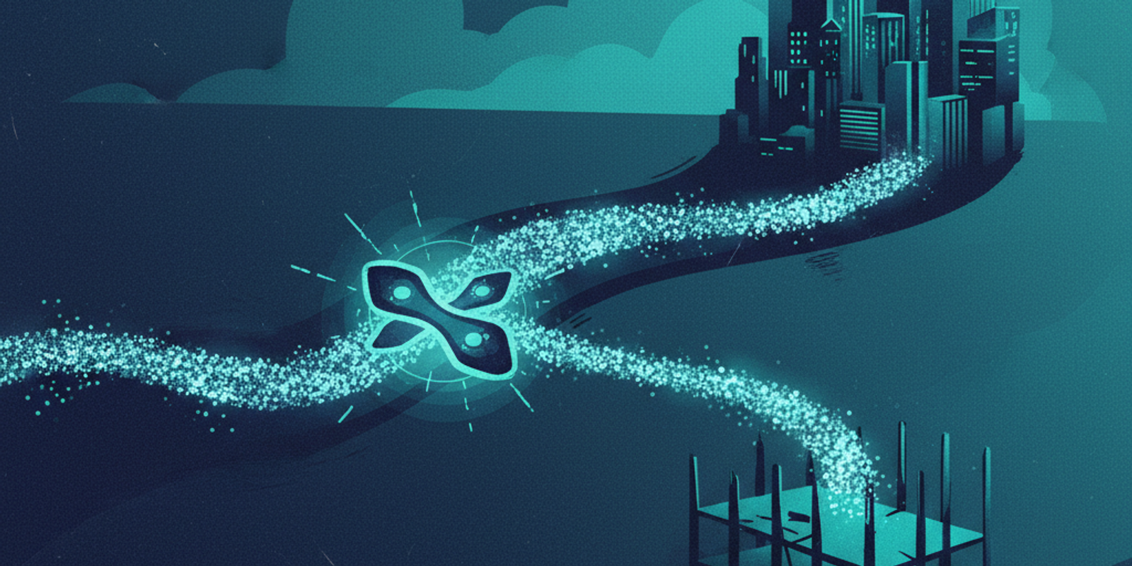 An illustration of an email stream being split by a railroad switch, with one path going to a finished city and the othe