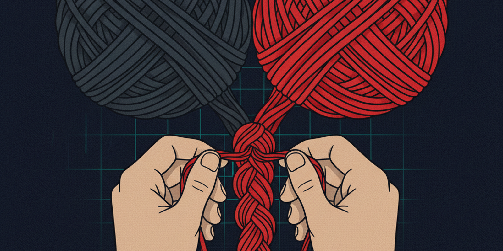 An illustration of tangled messes of yarn being woven into a neat braid, symbolizing the consolidation of complex SPF re