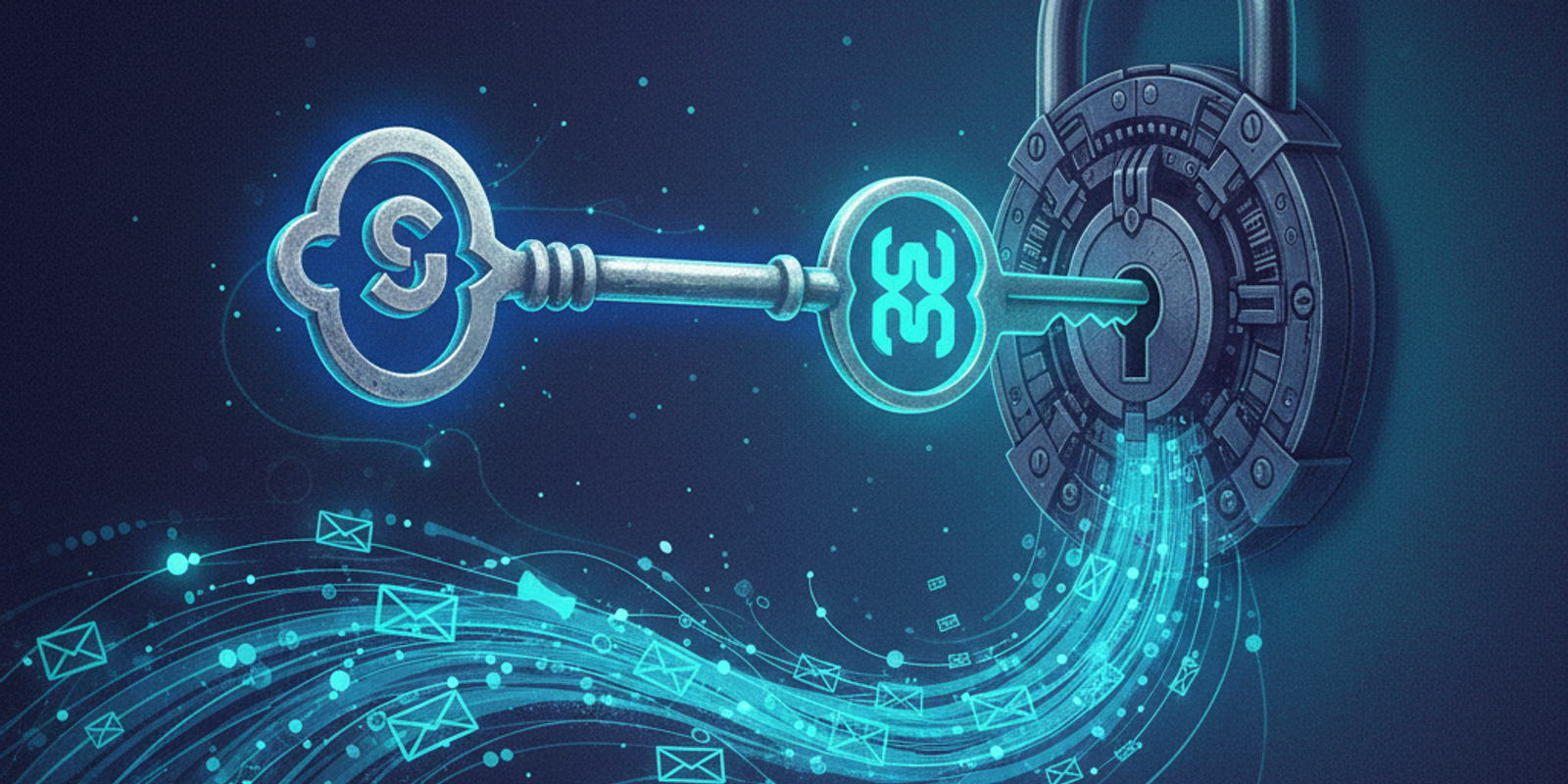 An illustration of an old DKIM key being replaced by a new one in an abstract lock, representing a secure email key rota