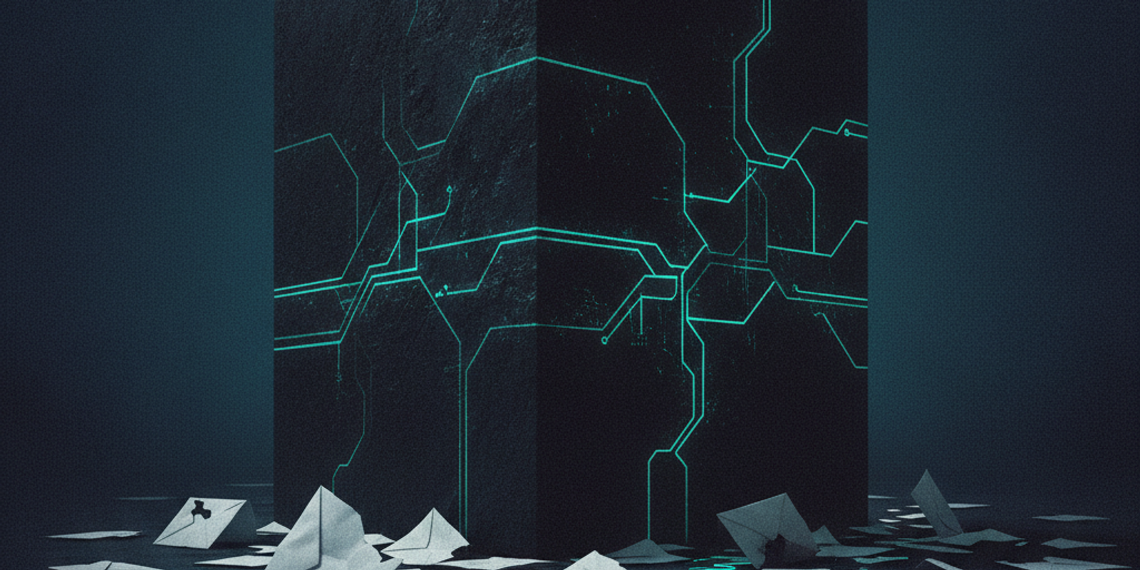 A massive glowing black box structure looming over scattered white envelopes.