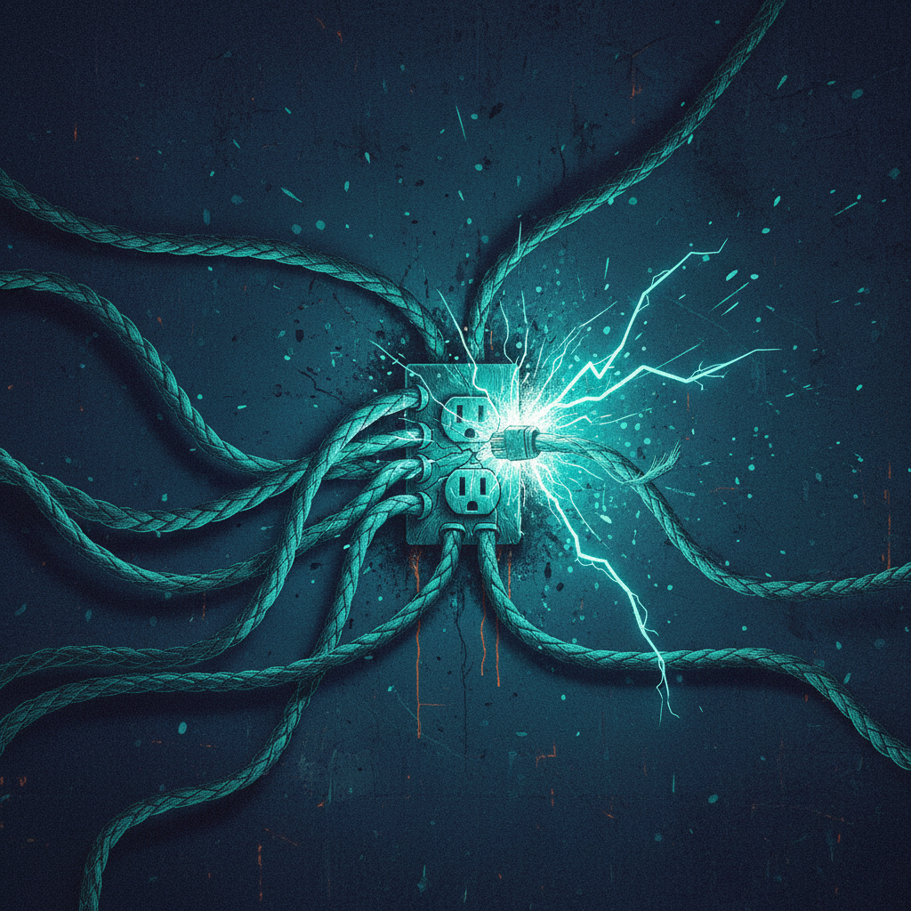 An illustration showing ten glowing cables plugged into one overloaded electrical socket, with an eleventh one sparking,
