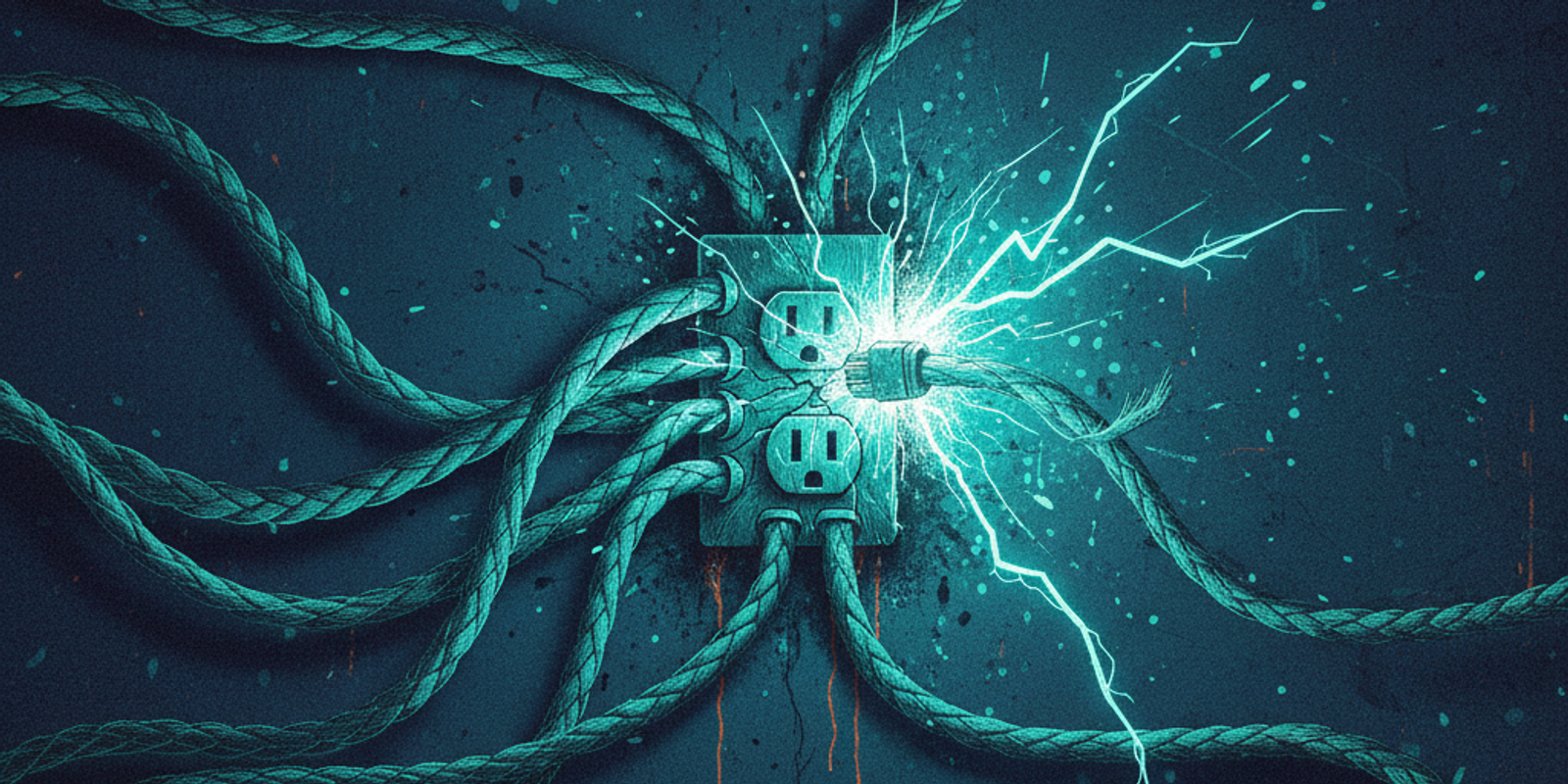 An illustration showing ten glowing cables plugged into one overloaded electrical socket, with an eleventh one sparking,