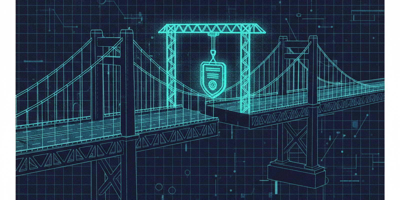 An illustration of a nearly complete blueprint for a bridge, with a crane lowering the final, glowing piece shaped like