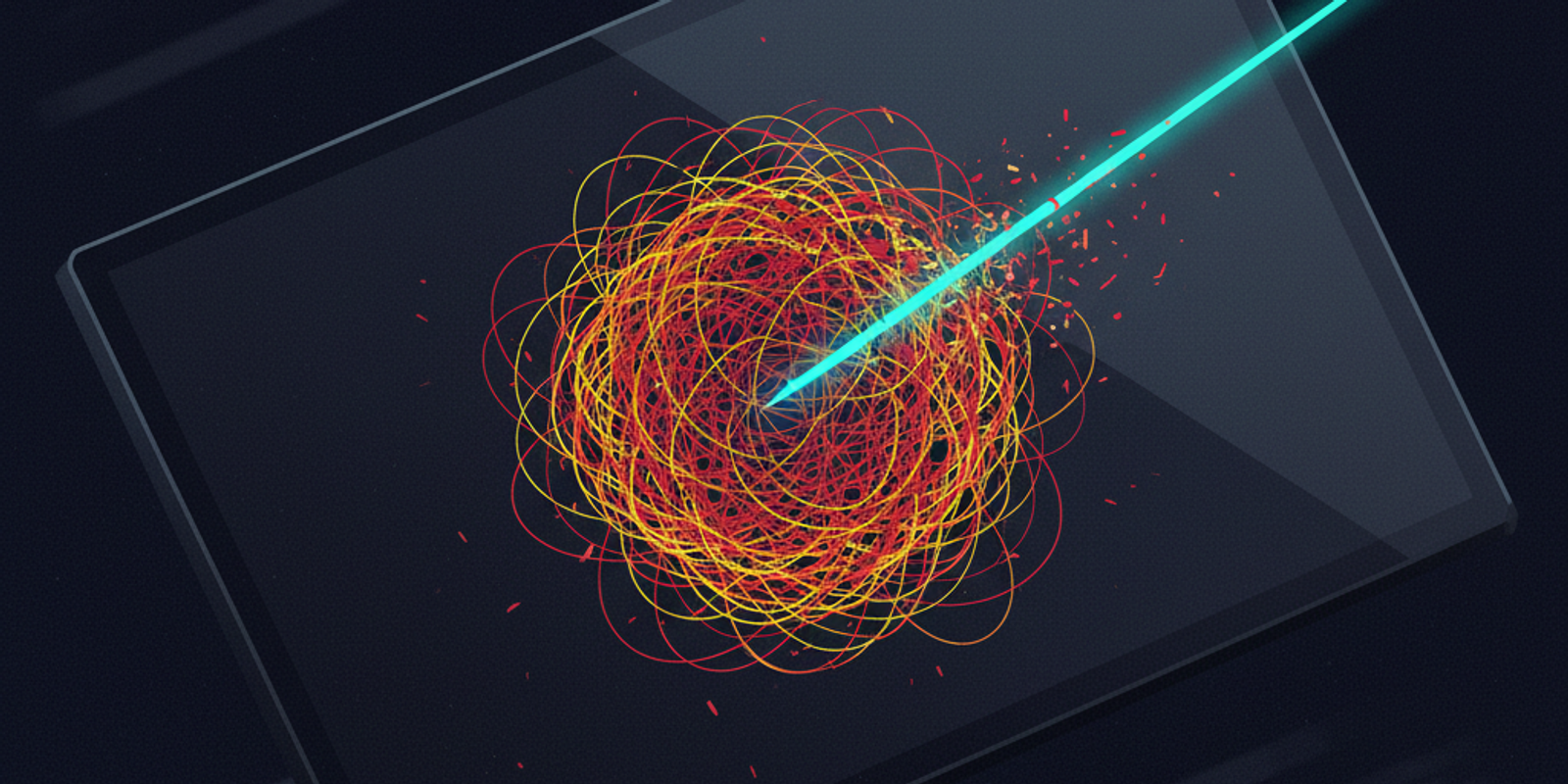 An abstract illustration of a SOC dashboard where a single teal line cuts through a tangled mess of red and yellow lines