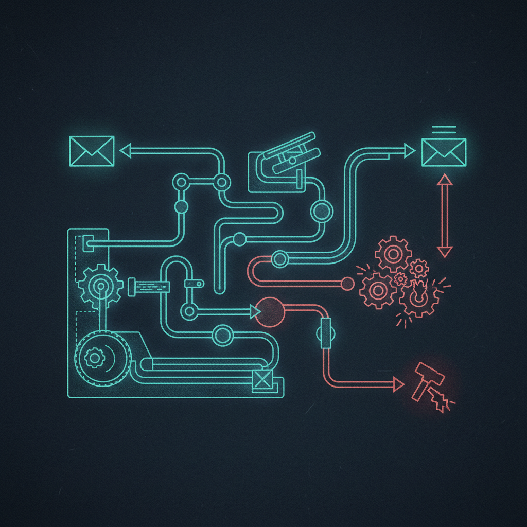 An editorial illustration showing a complex blueprint of an email's delivery path, with successful and failed routes hig