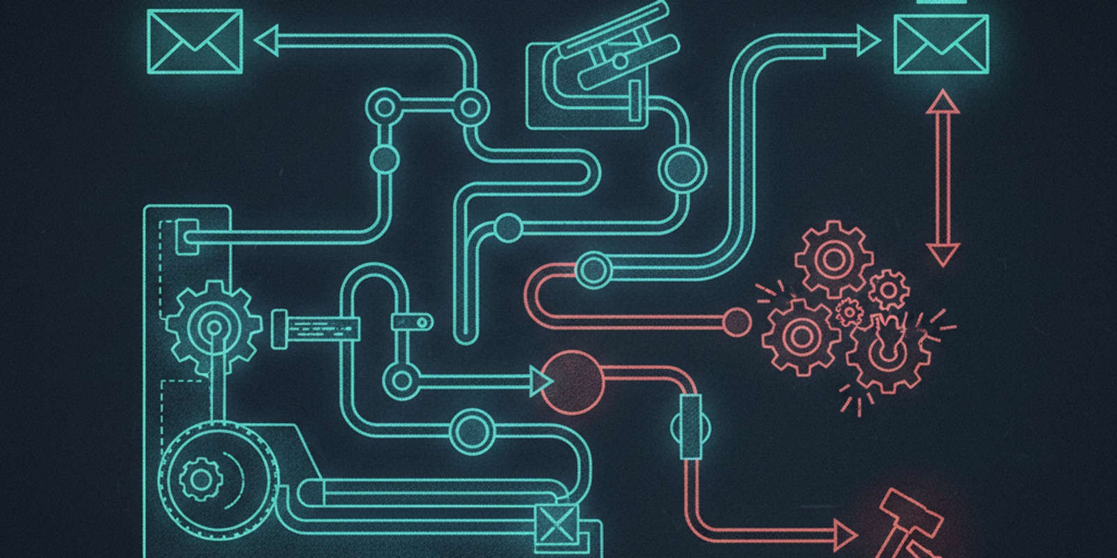 An editorial illustration showing a complex blueprint of an email's delivery path, with successful and failed routes hig