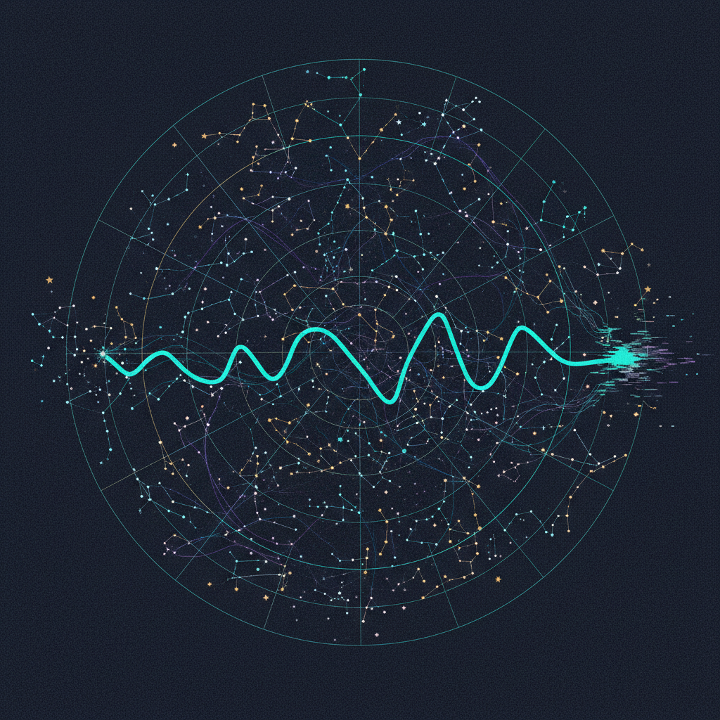 An abstract illustration of a digital star chart on a dark background, where one glowing line breaks pattern, symbolizin
