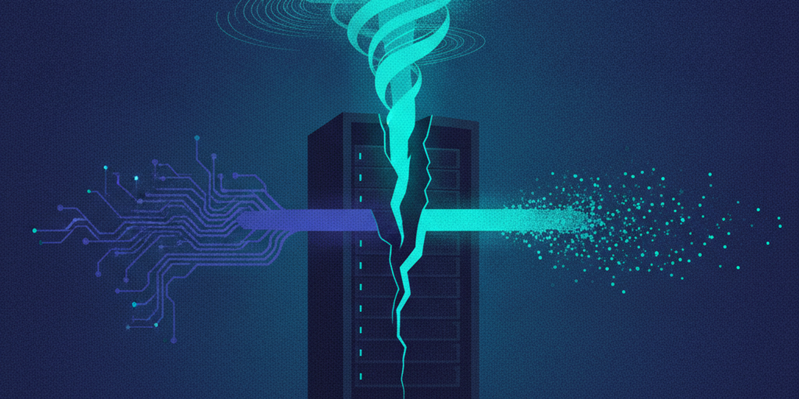 A black server rack splitting into three distinct colored data streams.