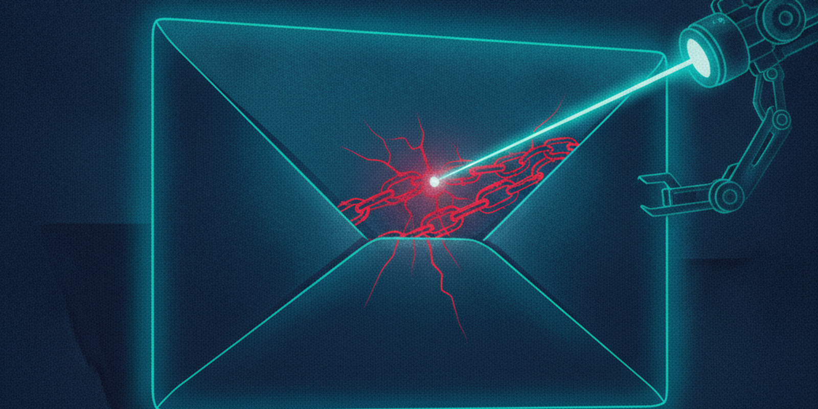 A glowing envelope scanned by a laser revealing a hidden toxic chain inside.
