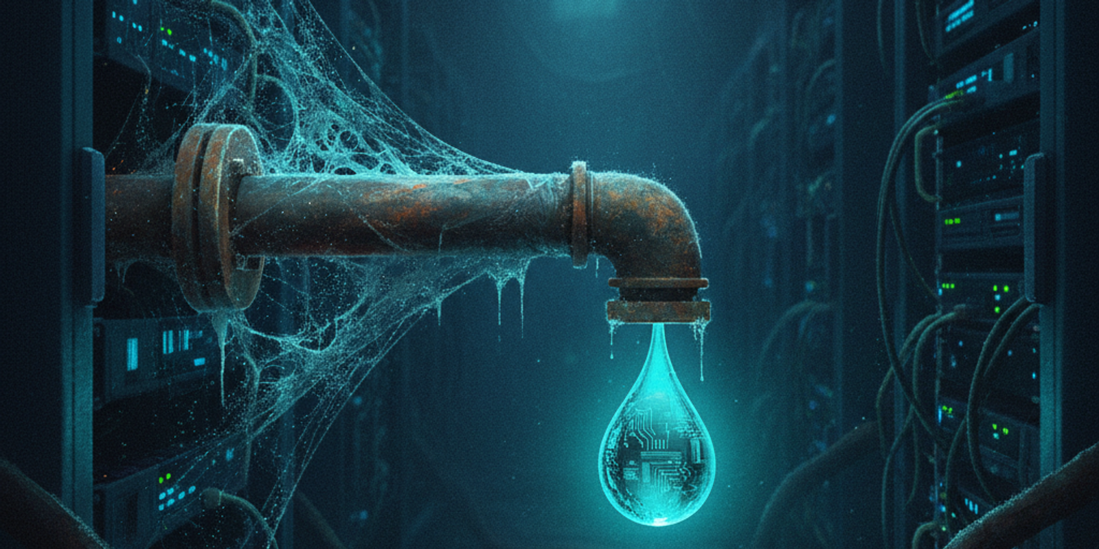 An illustration of an old, rusted pipe representing an aged IP address, from which a single, glowing drop of liquid emer