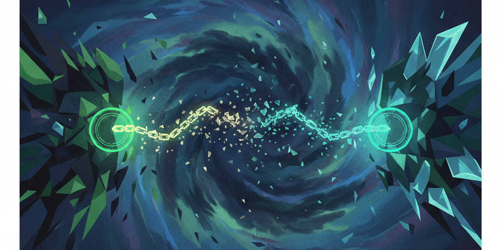 An abstract illustration of a digital chain of trust being broken and then re-forged as it passes through a cloud, repre