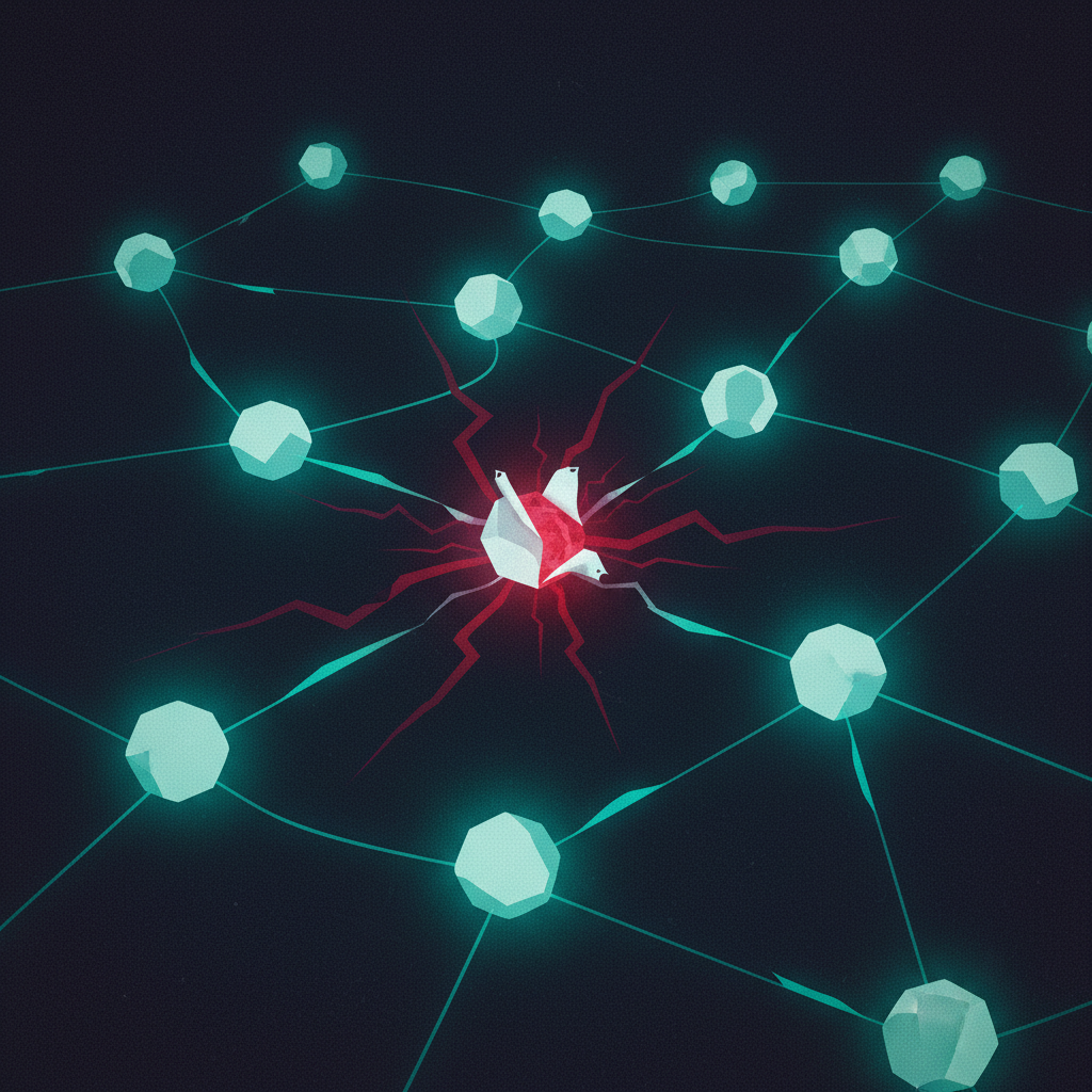 An abstract illustration of an email's path through servers, with one server revealed to be a malicious, forged hop in t