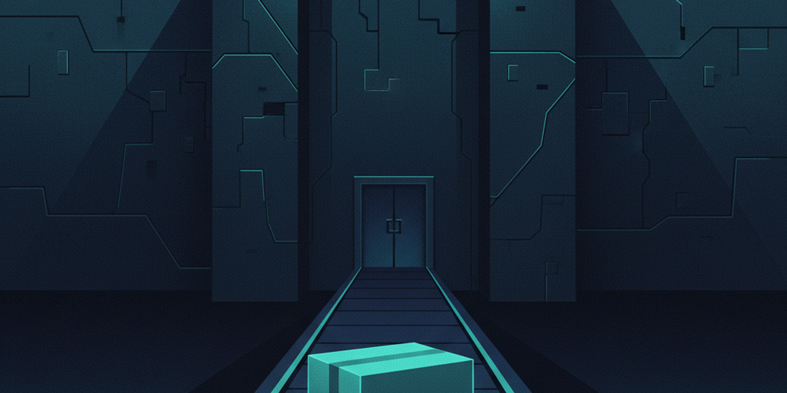 An illustration of a clean package on a conveyor belt being stopped by the large, closed gate of a fortress, representin