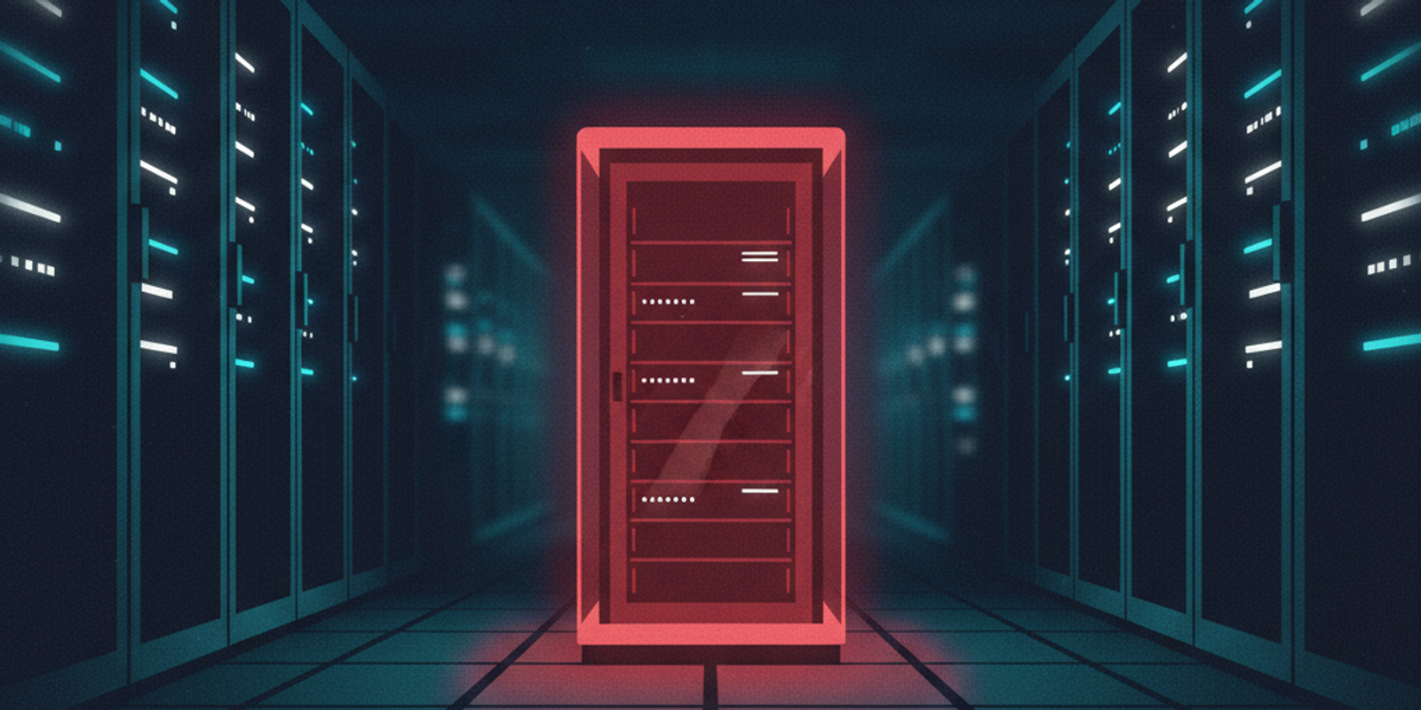 An illustration of a server rack trapped inside a glowing red box, symbolizing a Microsoft 365 outbound block isolating