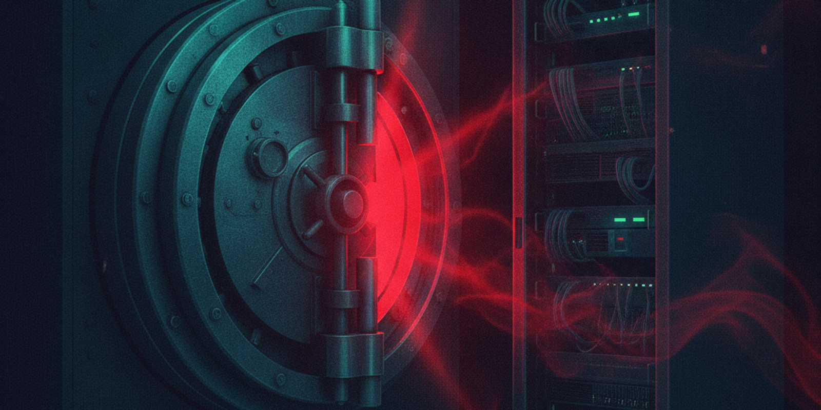 A slightly open steel vault door revealing glowing red light spilling onto dark server racks.