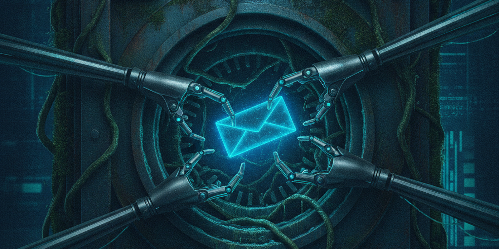 A glowing digital envelope being extracted from a rusted vault, representing domain forensics.