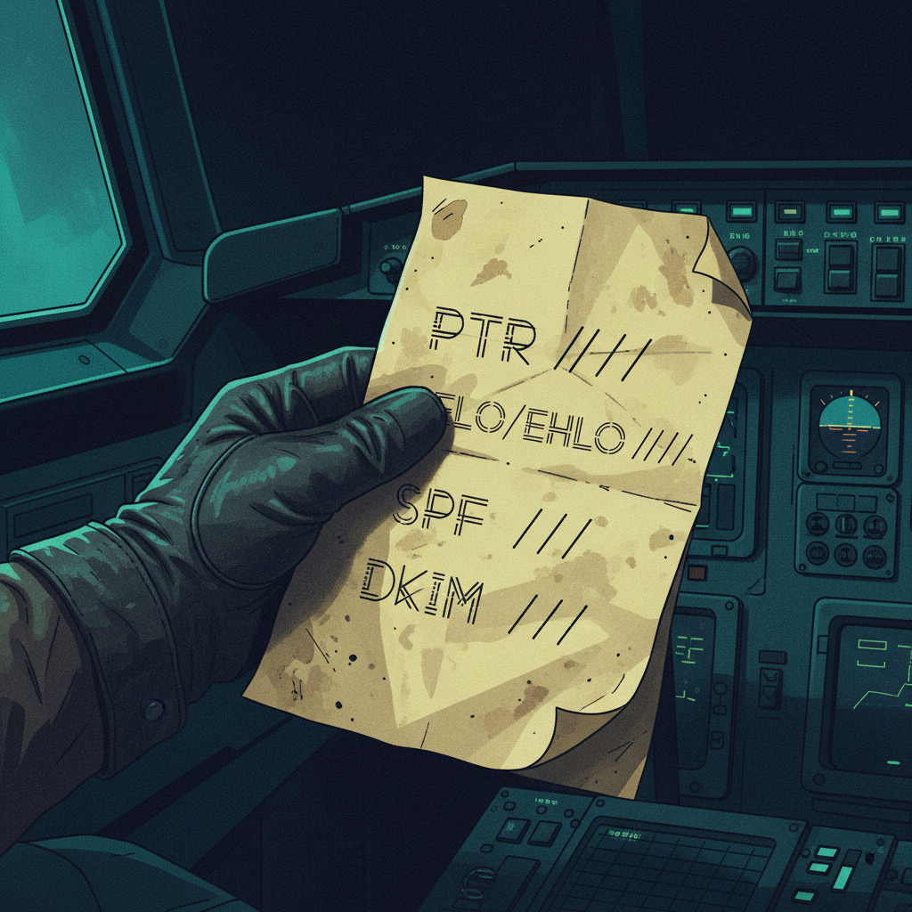 A close-up of a technical checklist with items like PTR, SPF, and DKIM, representing an email server pre-flight check fo
