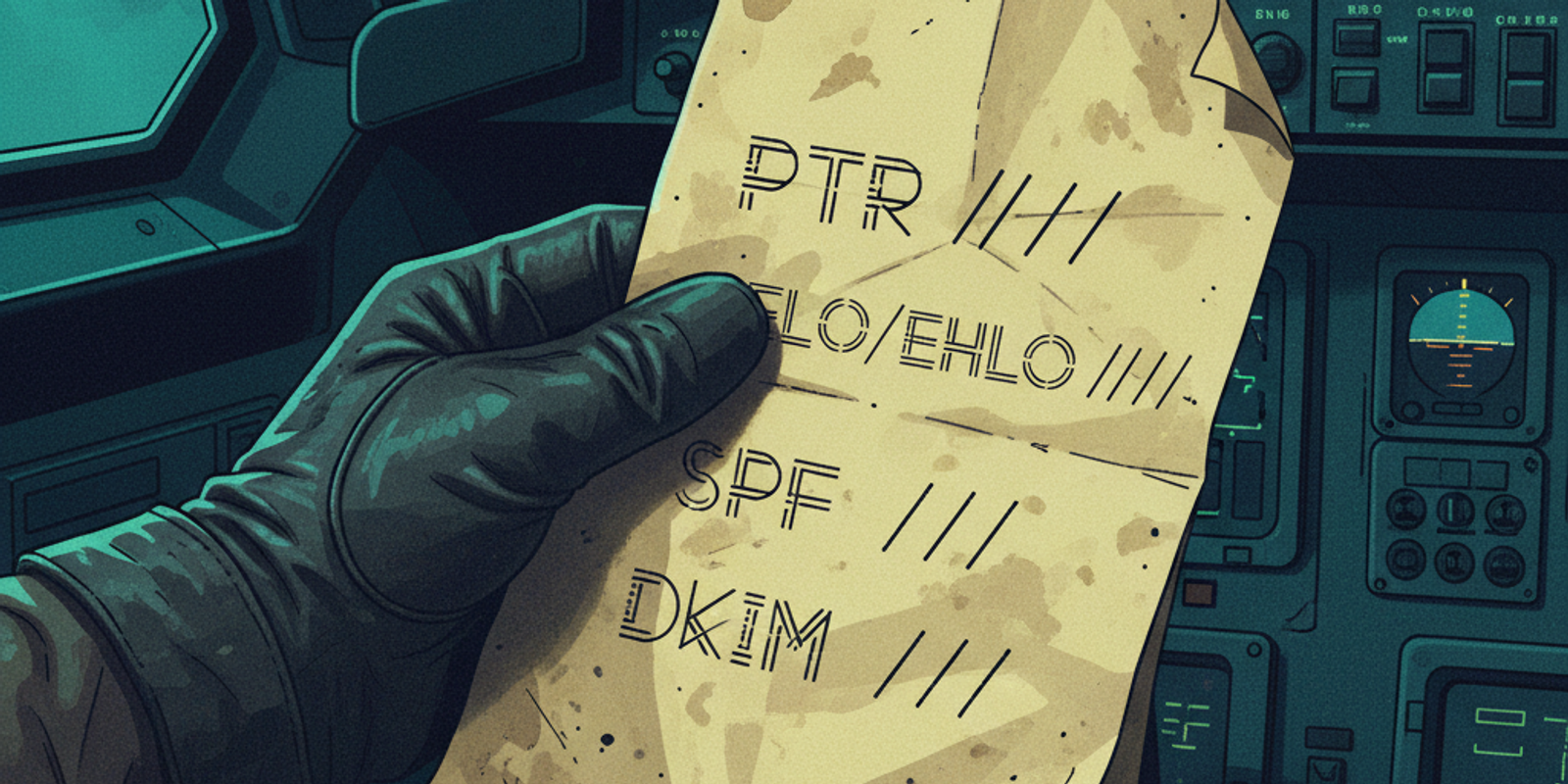 A close-up of a technical checklist with items like PTR, SPF, and DKIM, representing an email server pre-flight check fo