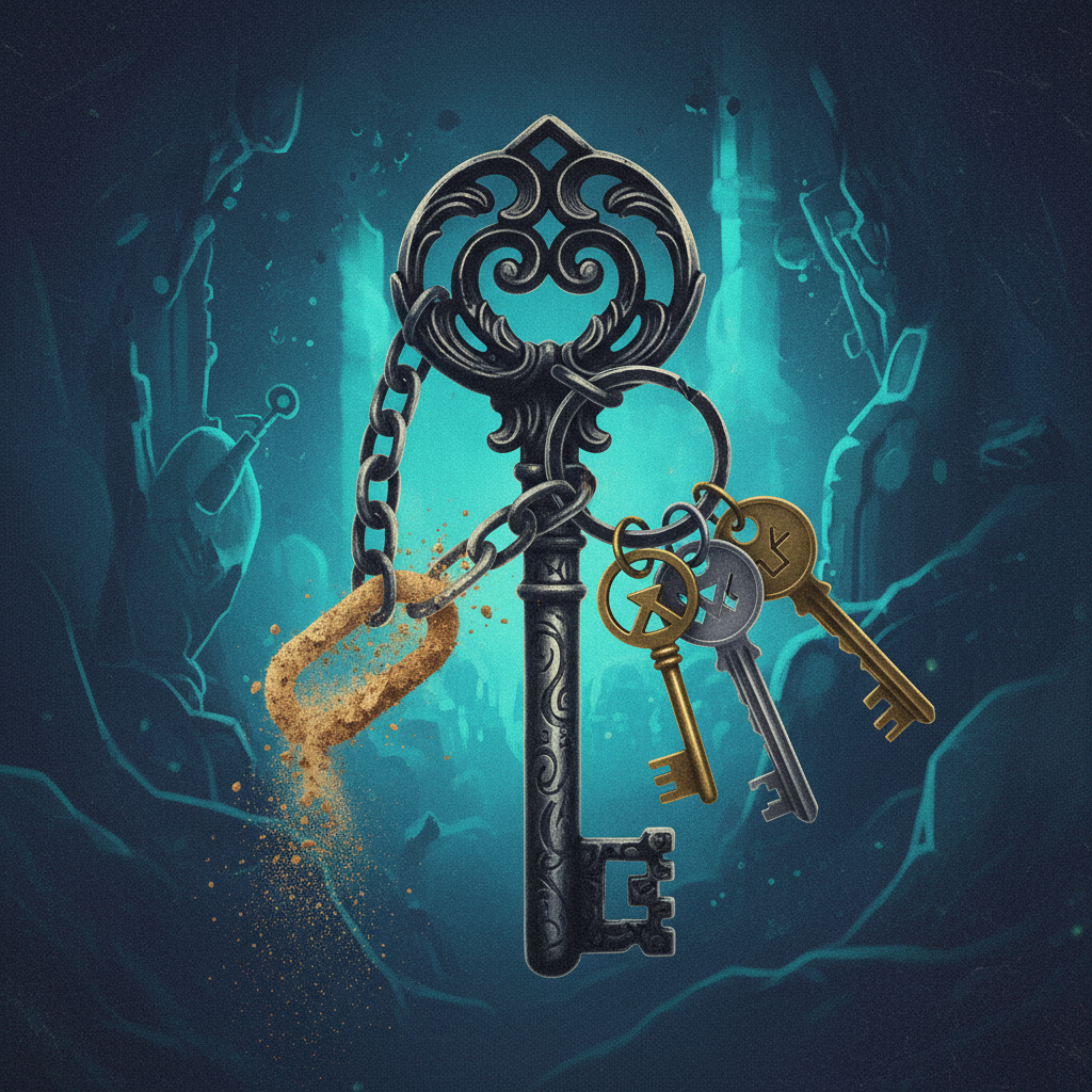 Illustration of a key attached to a keychain by a link made of crumbling sand, symbolizing a fragile trust dependency in