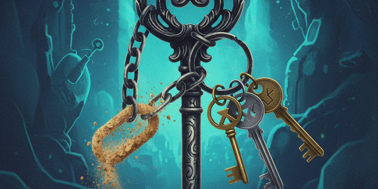 Illustration of a key attached to a keychain by a link made of crumbling sand, symbolizing a fragile trust dependency in
