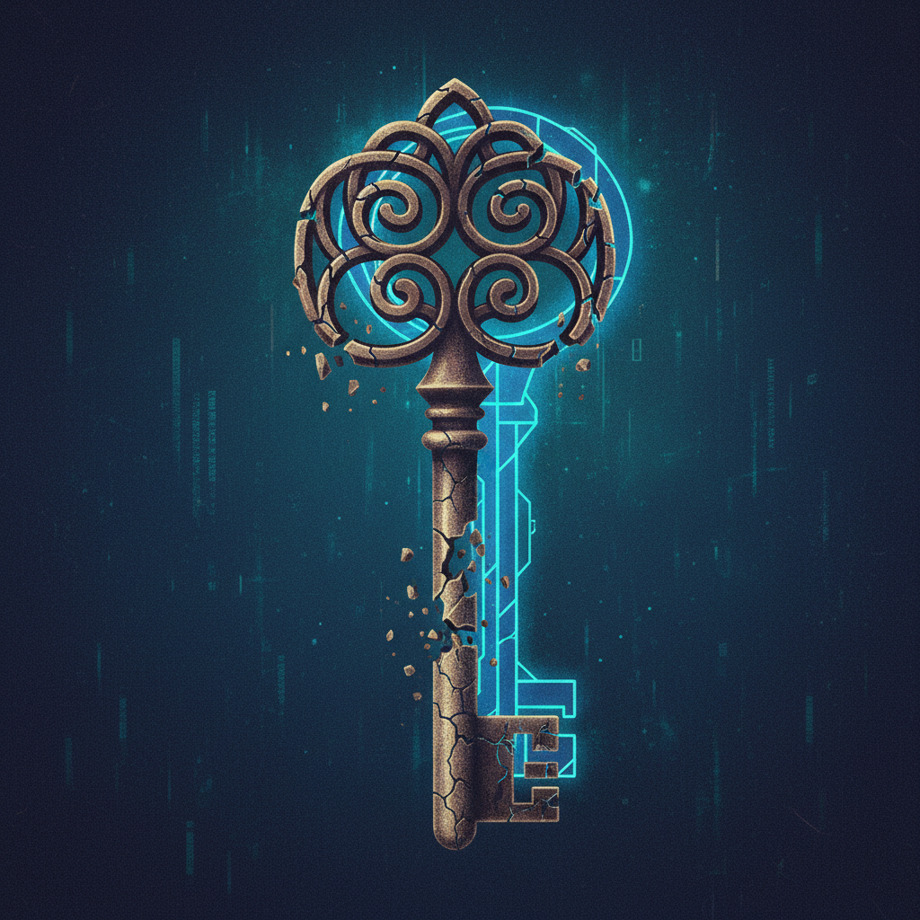 An illustration showing a cracked, old-fashioned bronze key being replaced by a modern, glowing, digital key, representi