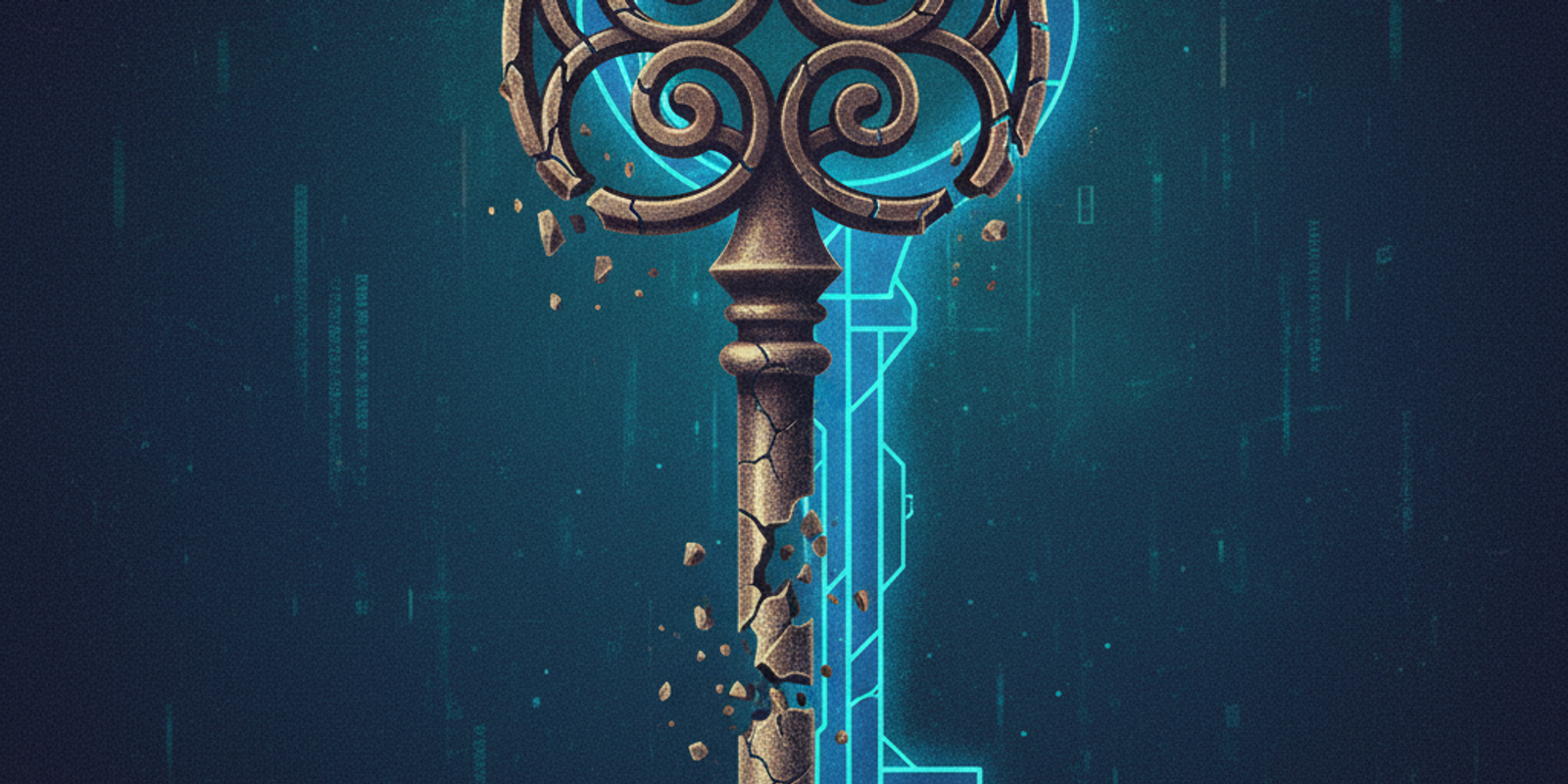 An illustration showing a cracked, old-fashioned bronze key being replaced by a modern, glowing, digital key, representi
