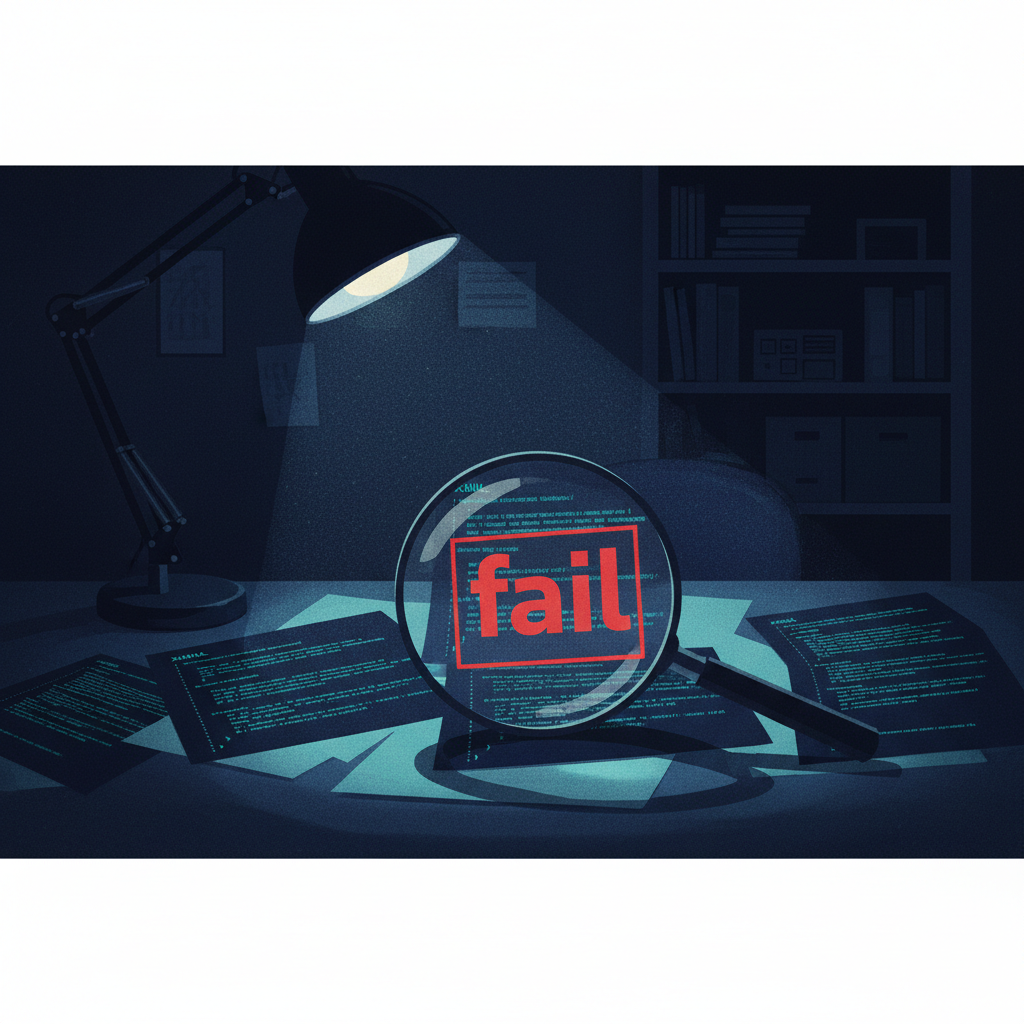 A desk with XML code printouts under a magnifying glass, which highlights a red 'fail' status, symbolizing DMARC report 