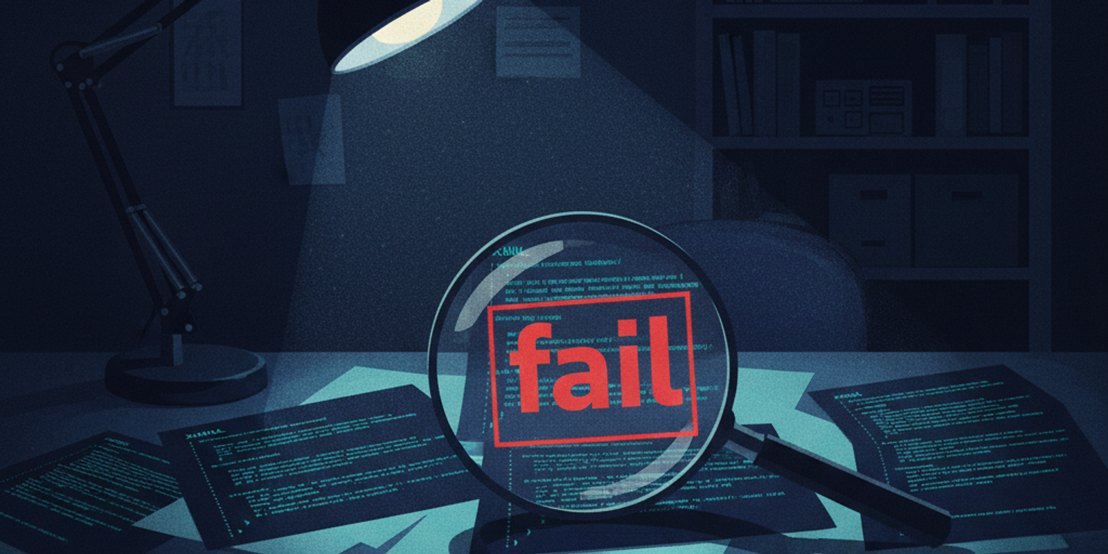 A desk with XML code printouts under a magnifying glass, which highlights a red 'fail' status, symbolizing DMARC report