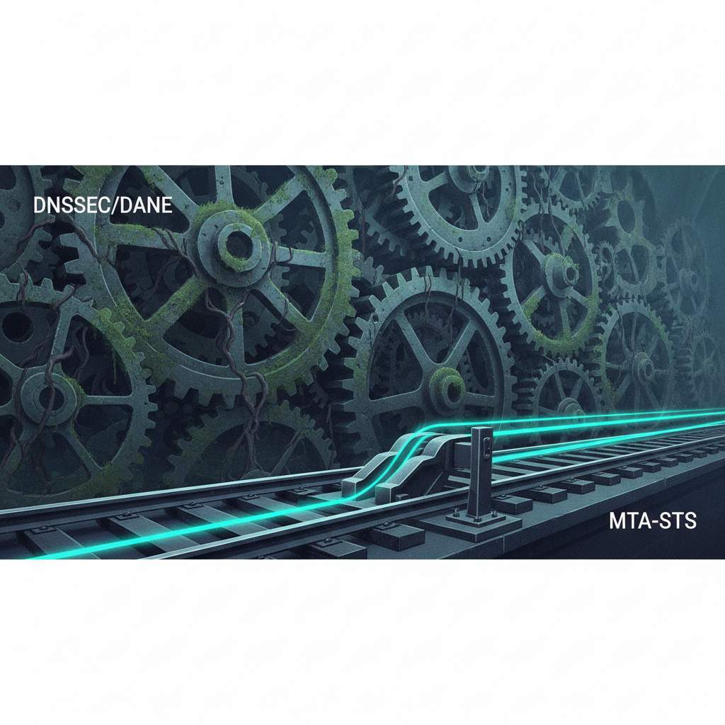 An illustration showing complex, moss-covered gears (DANE) contrasted with a simple, active railway switch (MTA-STS), sy