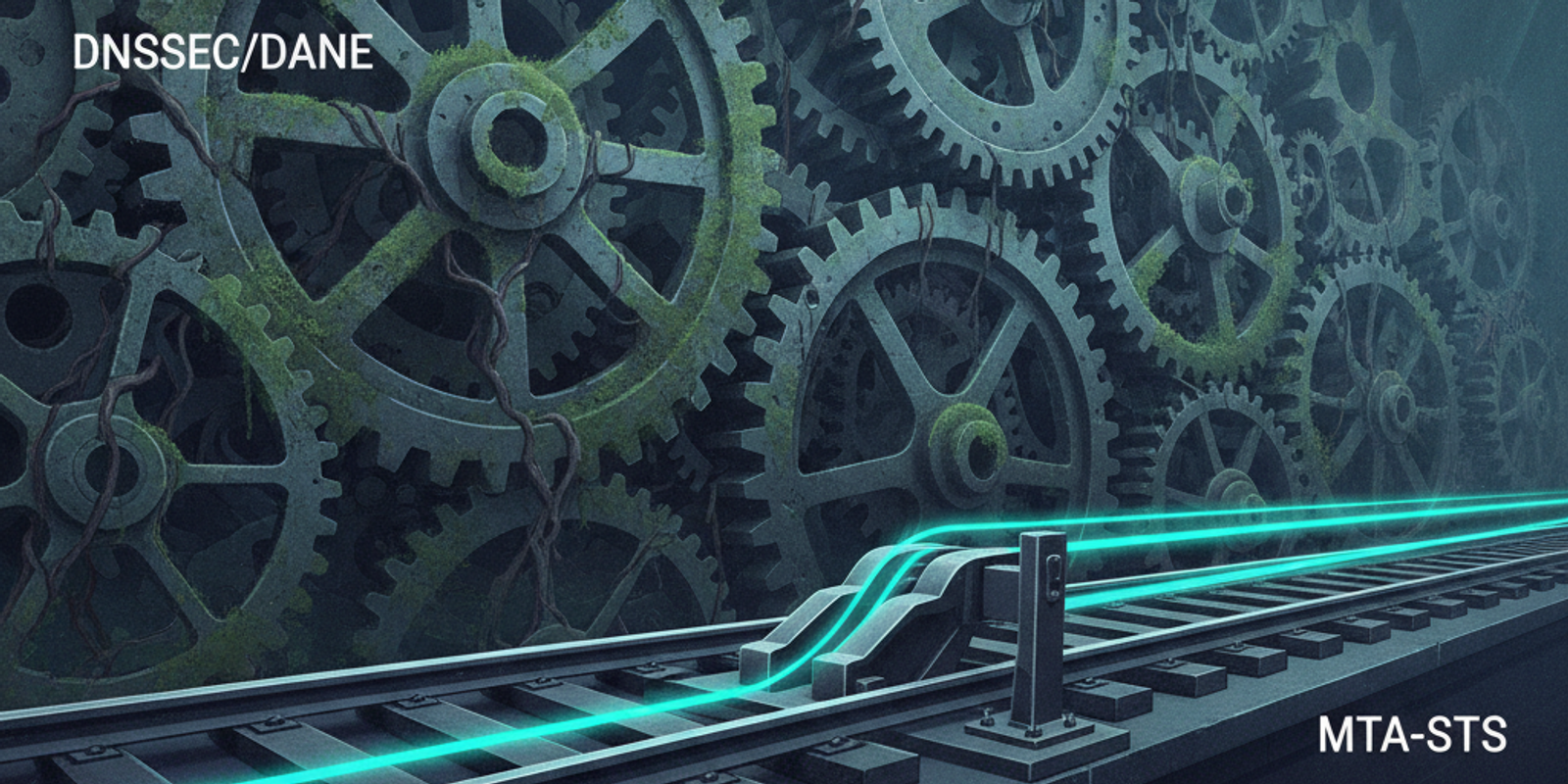 An illustration showing complex, moss-covered gears (DANE) contrasted with a simple, active railway switch (MTA-STS), sy