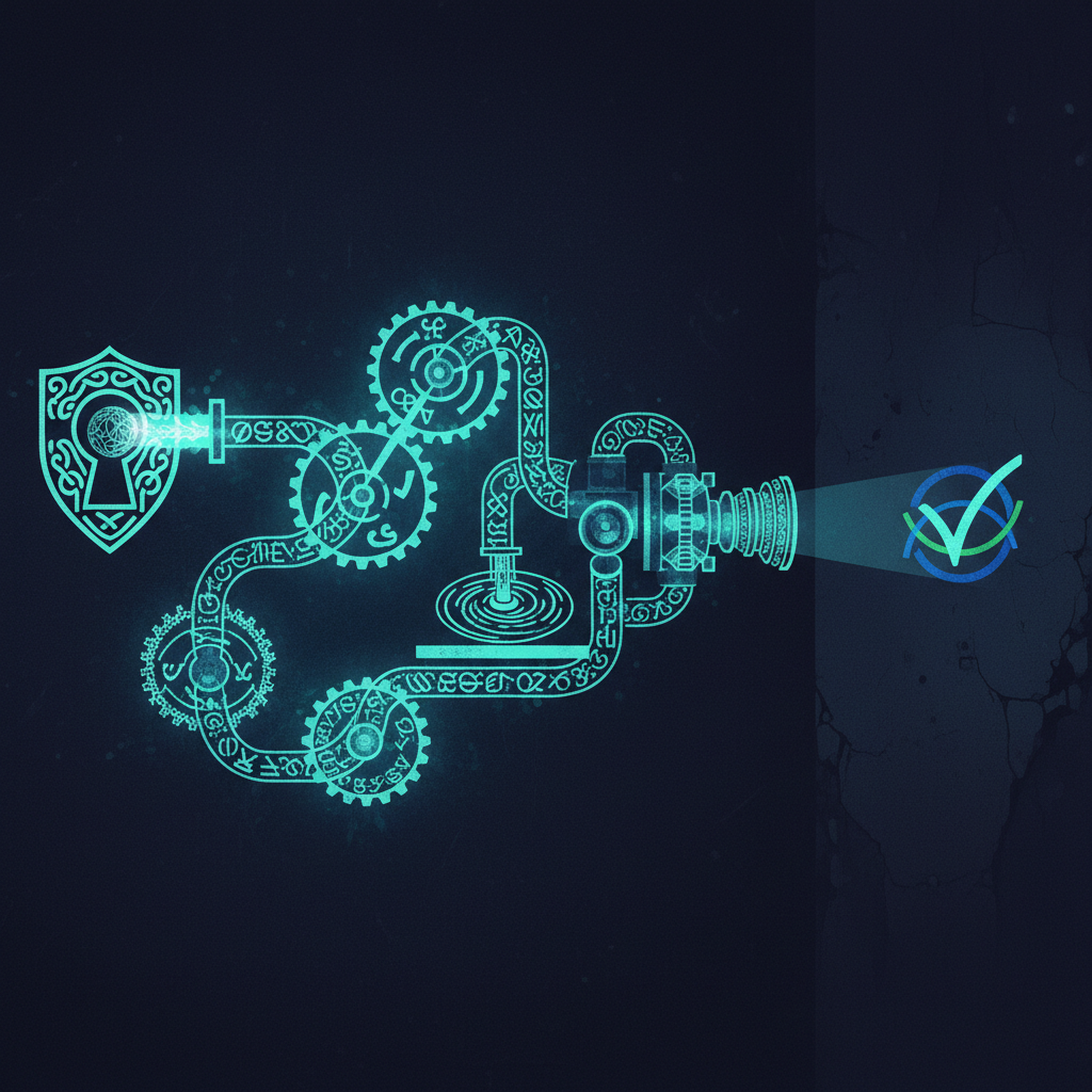 An illustration showing the complex process of BIMI, where DMARC, SVG, and VMC are gears in a machine that produces a ve