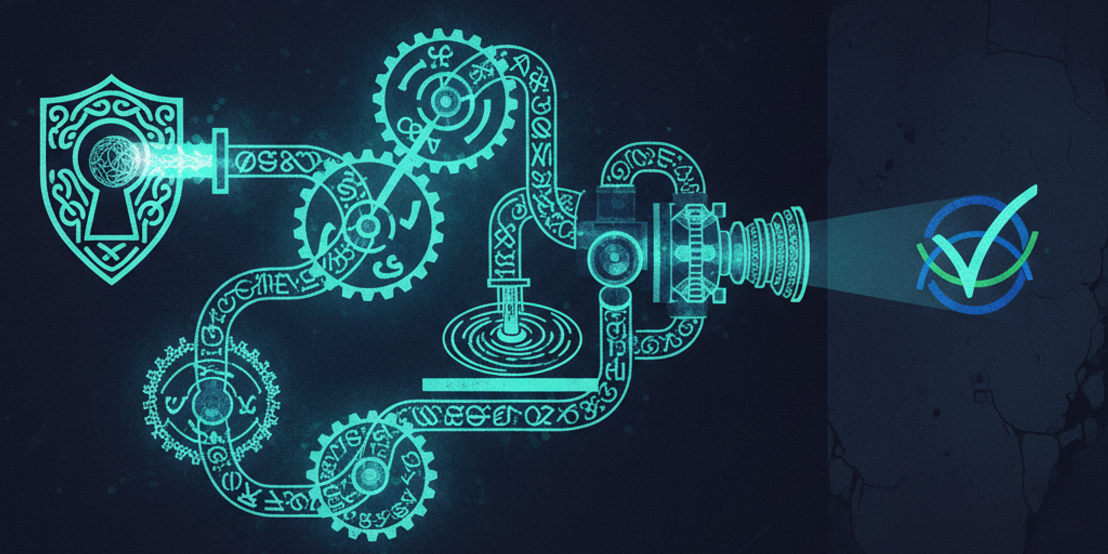An illustration showing the complex process of BIMI, where DMARC, SVG, and VMC are gears in a machine that produces a ve