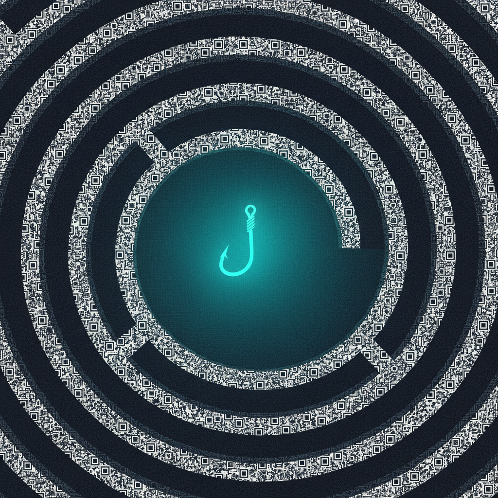 An overhead view of a dark maze whose walls are made of QR code patterns, with a glowing teal fishing hook at its center