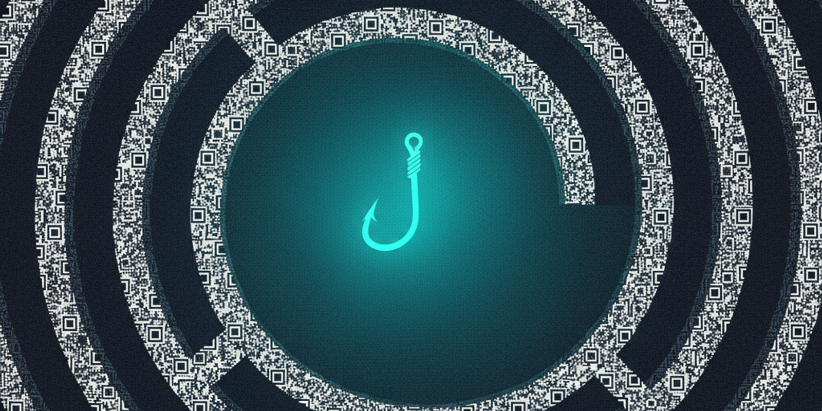 An overhead view of a dark maze whose walls are made of QR code patterns, with a glowing teal fishing hook at its center