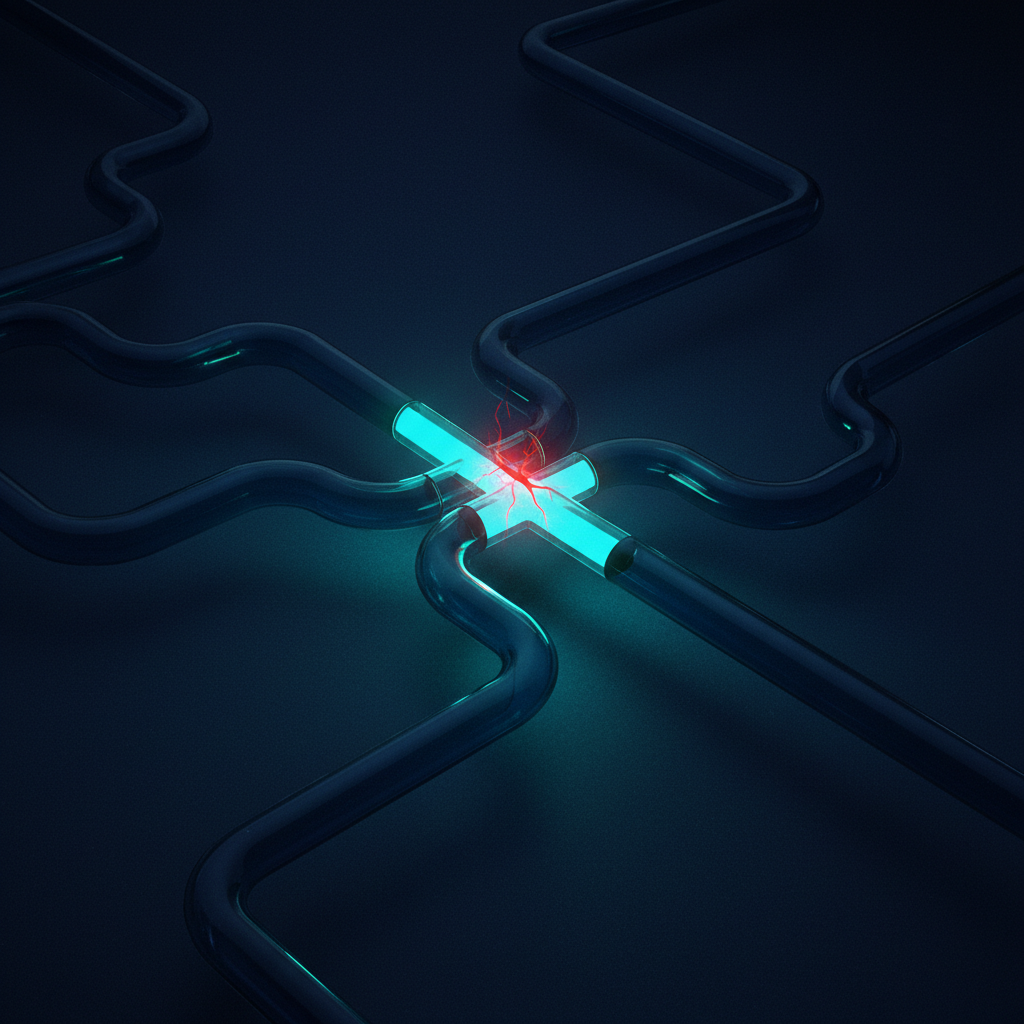 An editorial illustration showing complex email routing pipes. A central pipe has a glowing crack, representing a subtle
