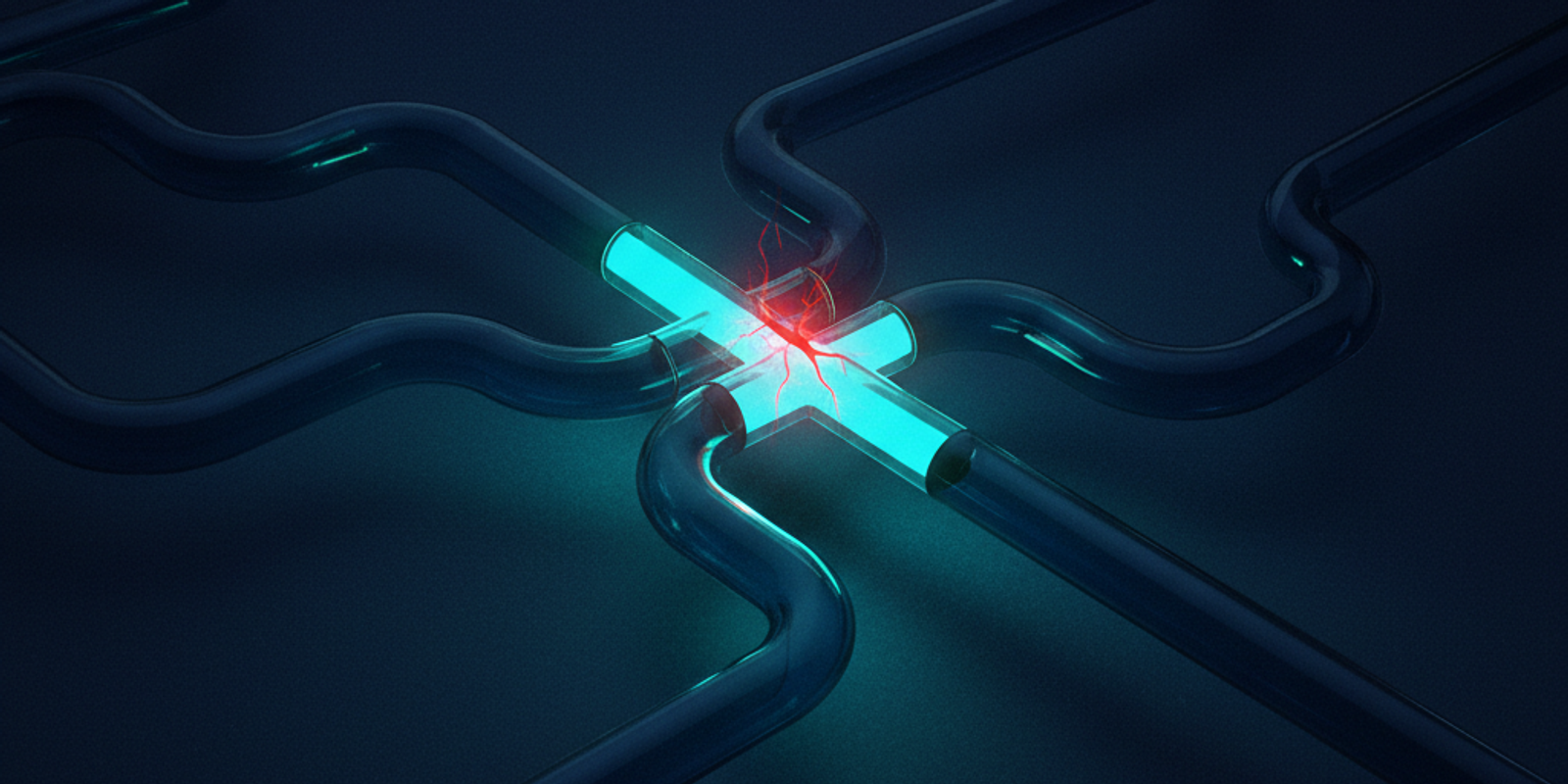 An editorial illustration showing complex email routing pipes. A central pipe has a glowing crack, representing a subtle