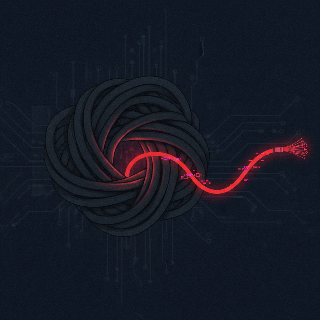 An illustration of a tangled knot of dark cables, with a single bright red cable being pulled free from the center, symb