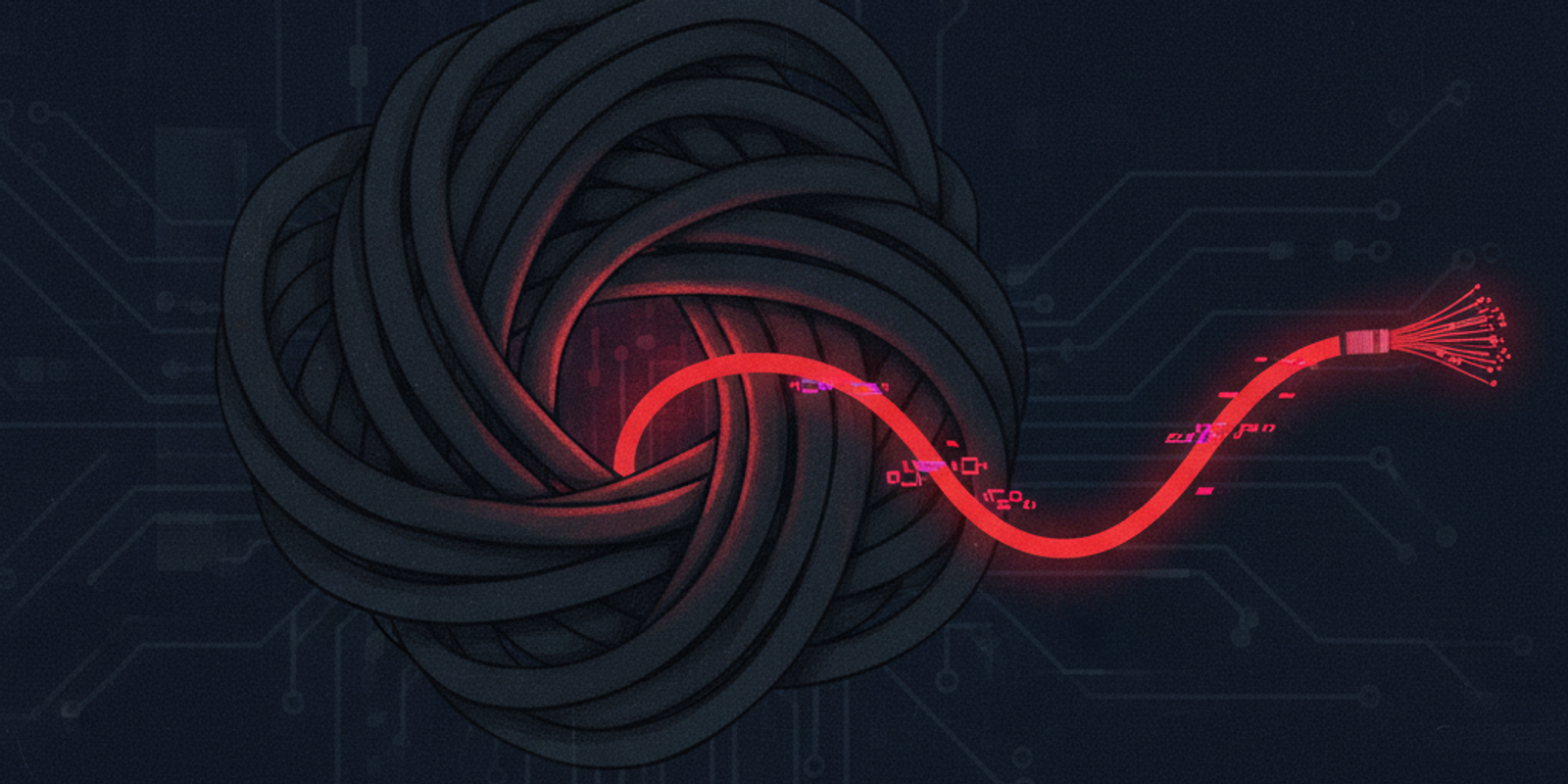 An illustration of a tangled knot of dark cables, with a single bright red cable being pulled free from the center, symb