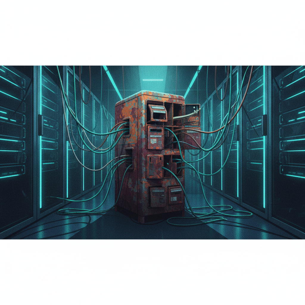 An old, rusty mail relay box stands out amidst rows of modern, glowing blue server racks, symbolizing outdated security 