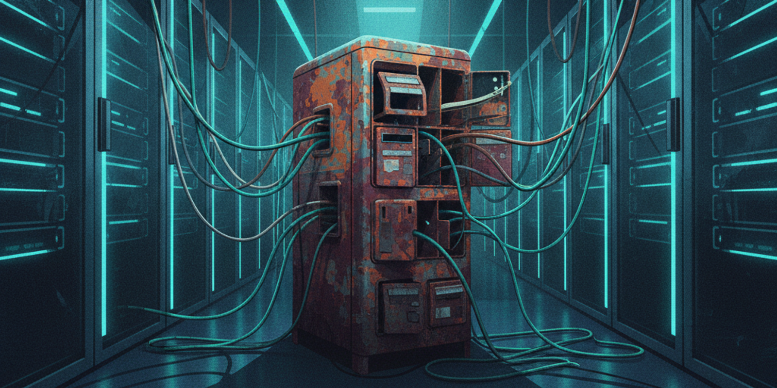 An old, rusty mail relay box stands out amidst rows of modern, glowing blue server racks, symbolizing outdated security