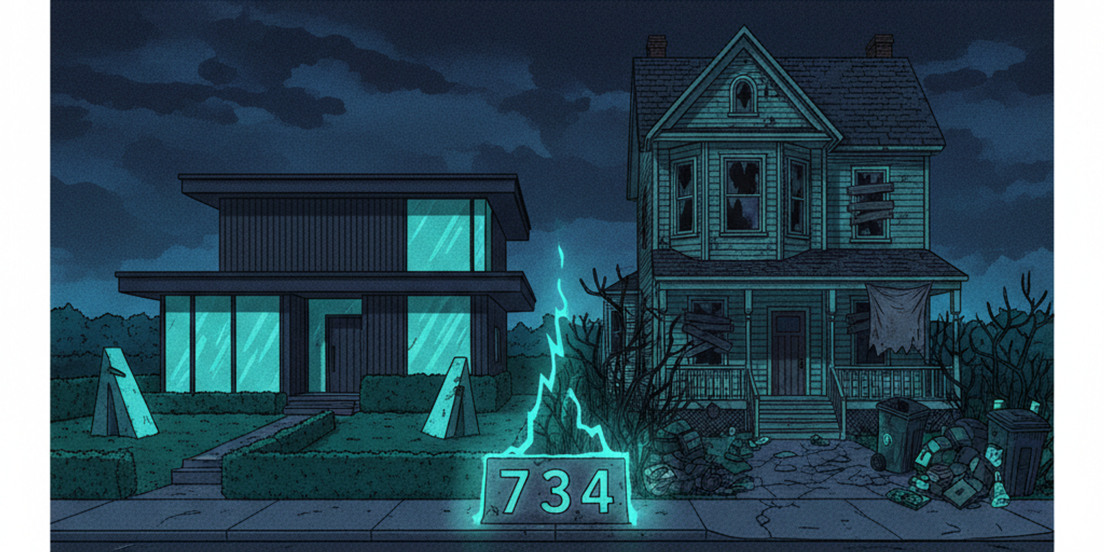 An illustration of a pristine house and a messy house sharing an address, symbolizing a shared IP reputation problem for