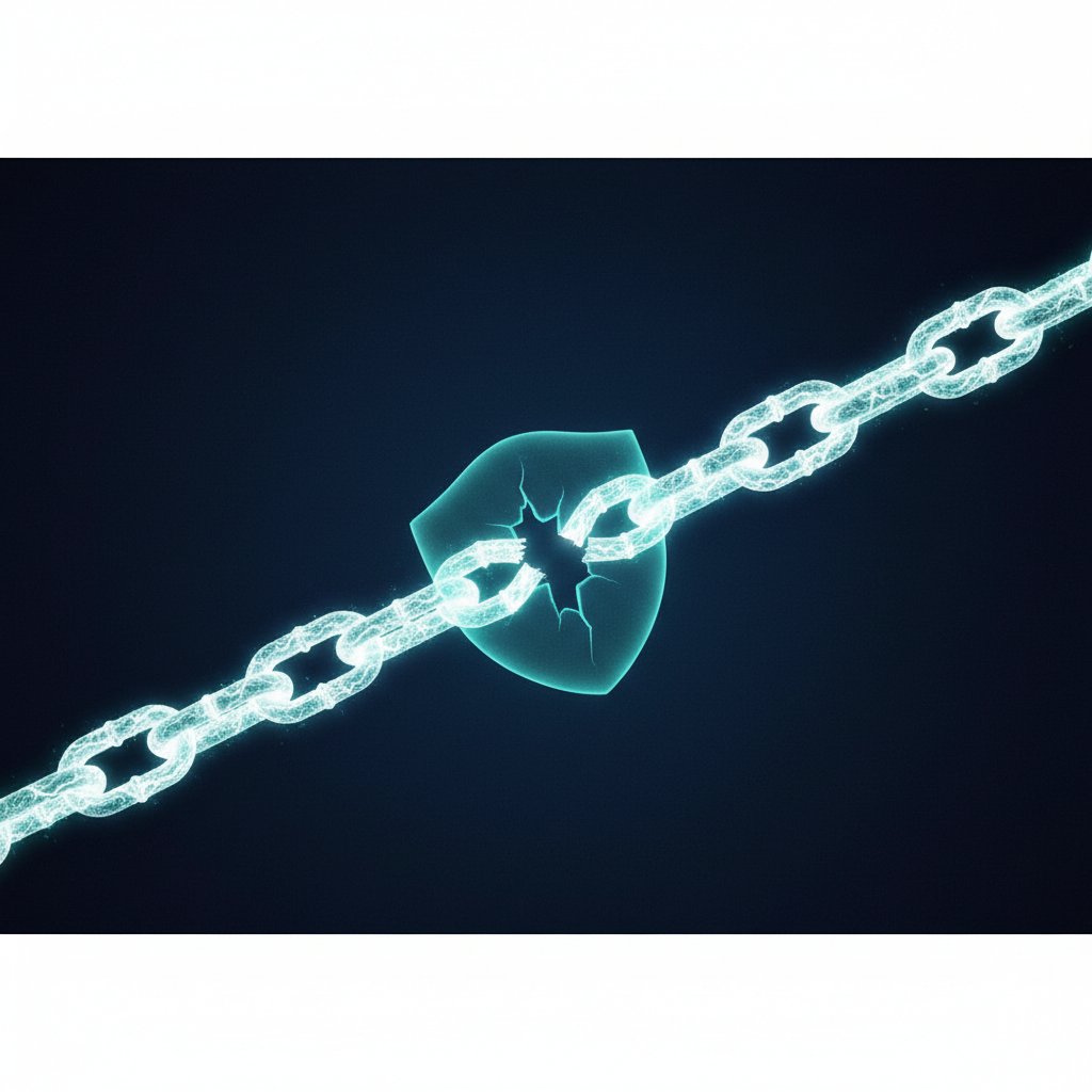 An editorial illustration showing a glowing chain with a broken link, where the energy is bridged by a translucent seal,