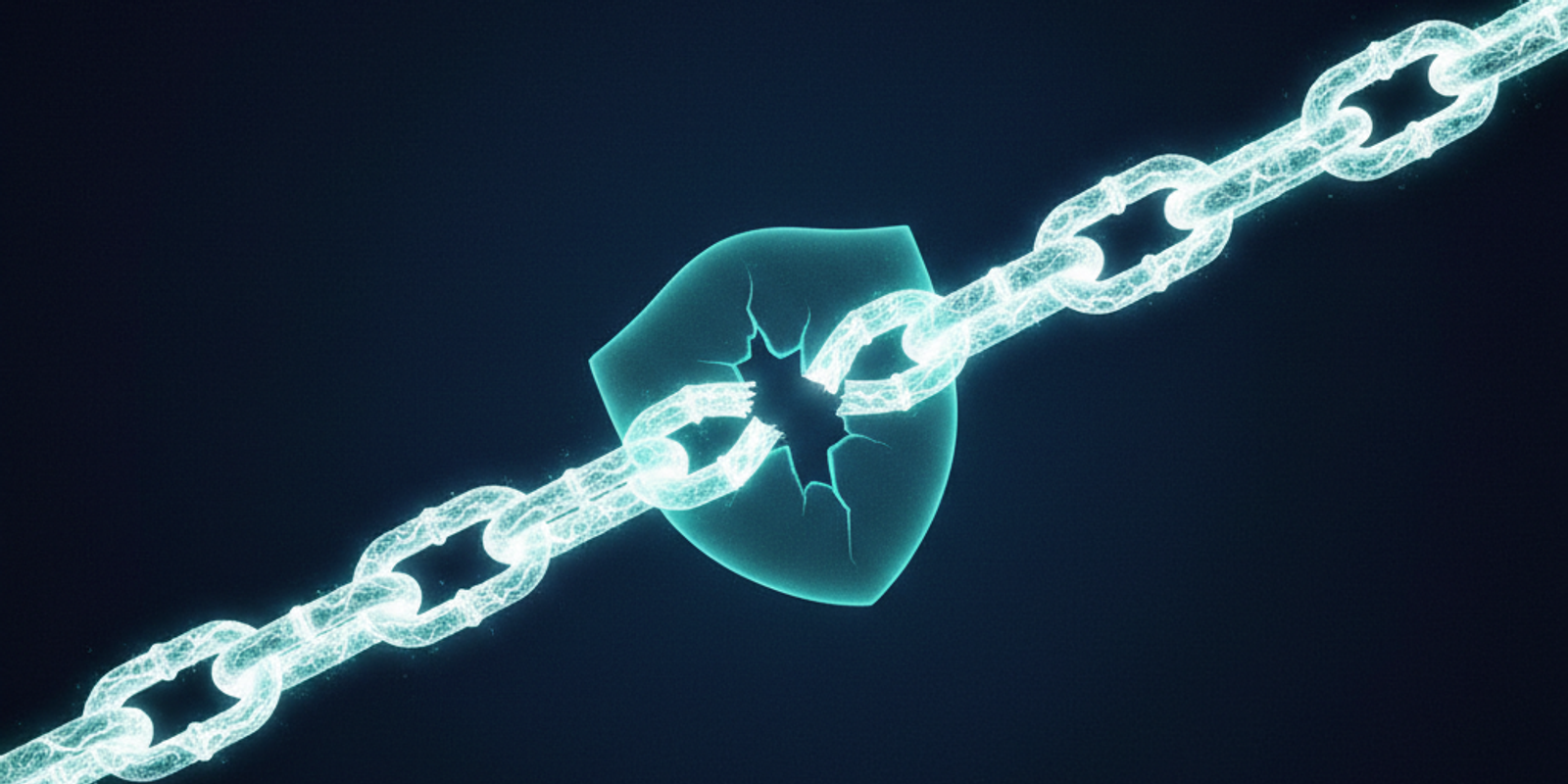 An editorial illustration showing a glowing chain with a broken link, where the energy is bridged by a translucent seal,