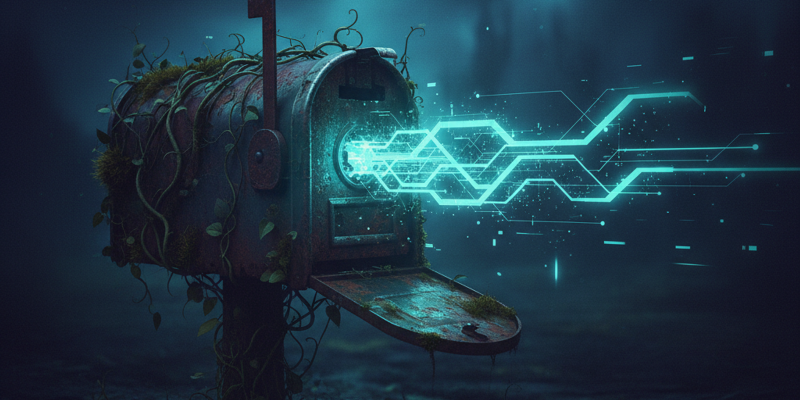 A vintage rusted mailbox overgrown with weeds emitting sharp bright digital data streams.