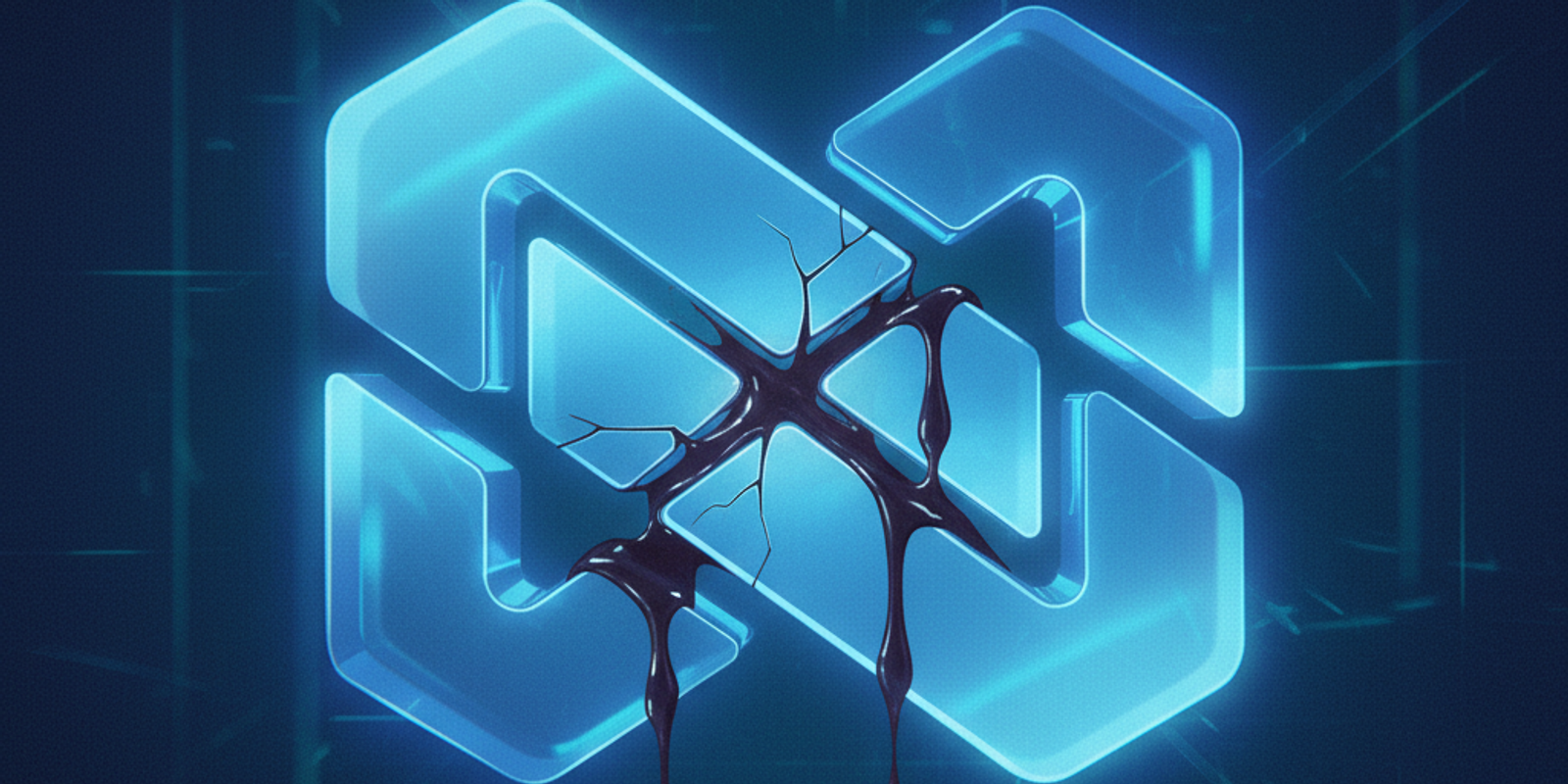 An illustration of a glass corporate logo, cracked and leaking a dark fluid, symbolizing the subversion of a trusted bra