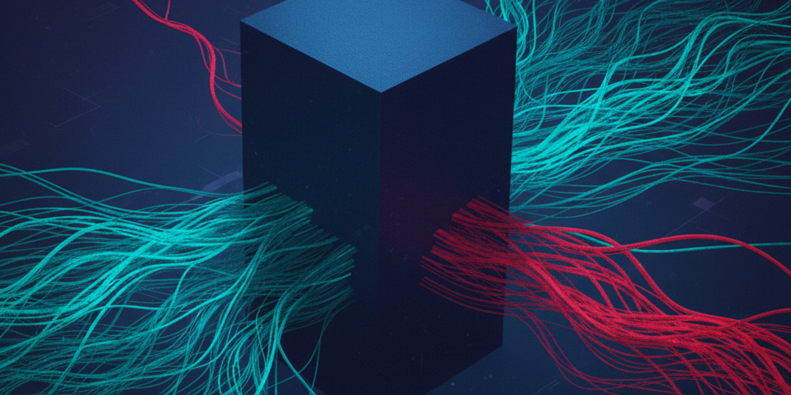 An abstract illustration of a single malicious data stream, colored red, emerging from a server alongside thousands of b