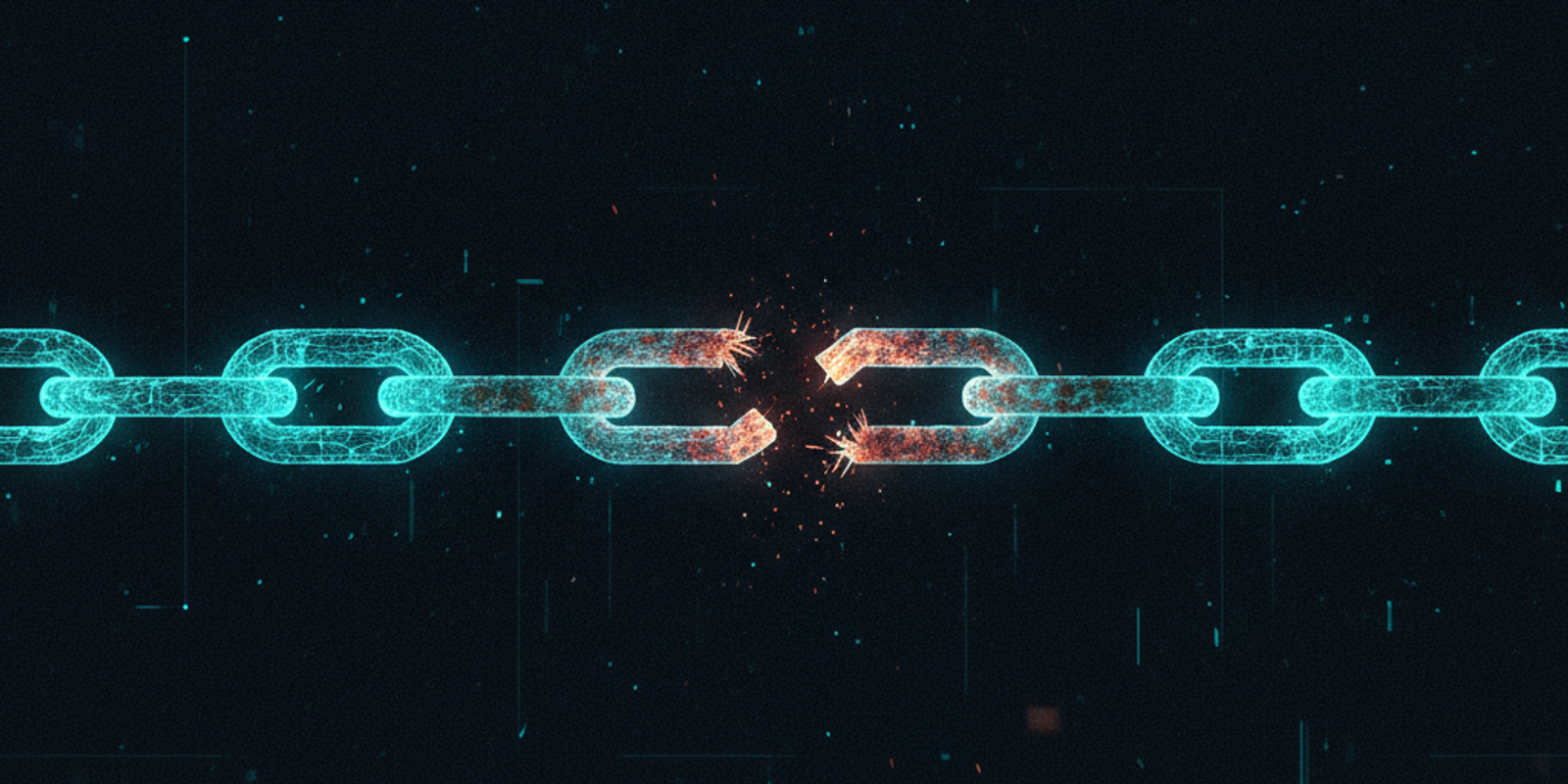 A glowing digital chain featuring a single rusted and broken link against a dark background.