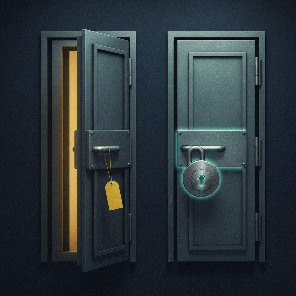 An illustration comparing SPF softfail and hardfail using two doors. One is ajar with a caution tag; the other is locked