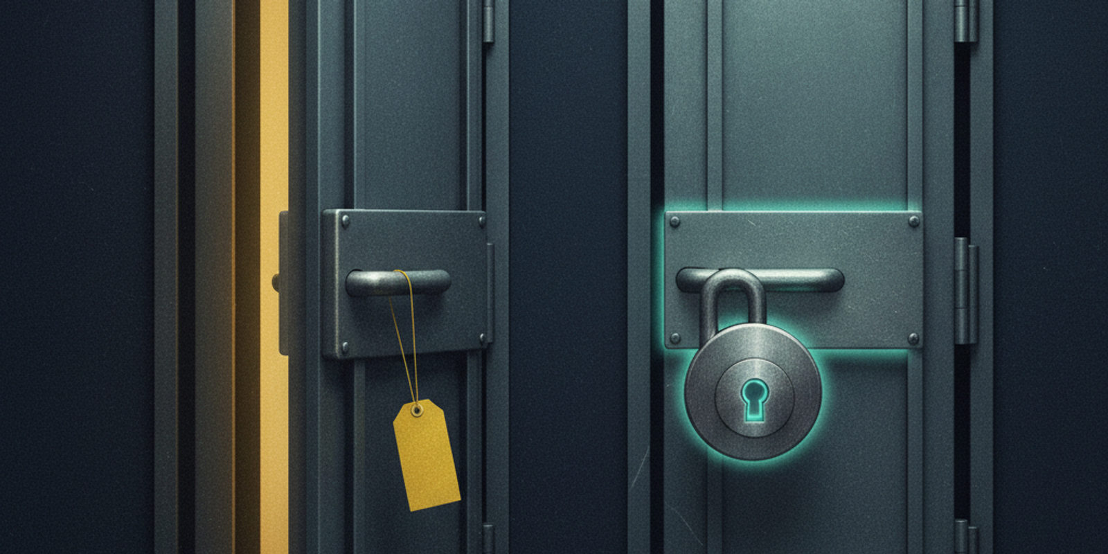 An illustration comparing SPF softfail and hardfail using two doors. One is ajar with a caution tag; the other is locked