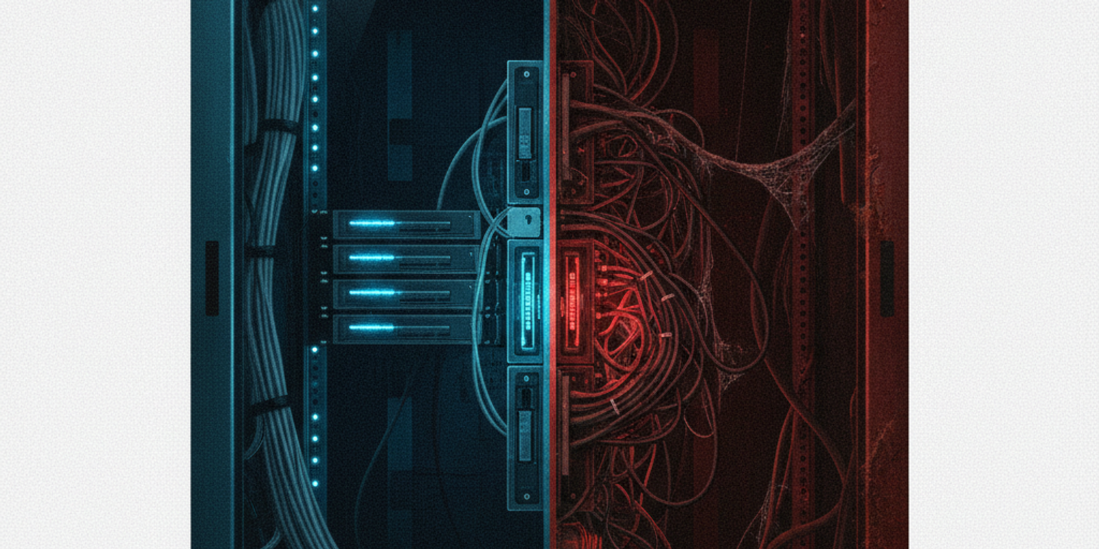 Illustration of a server rack divided into clean modern infrastructure and rusted shadowy hardware
